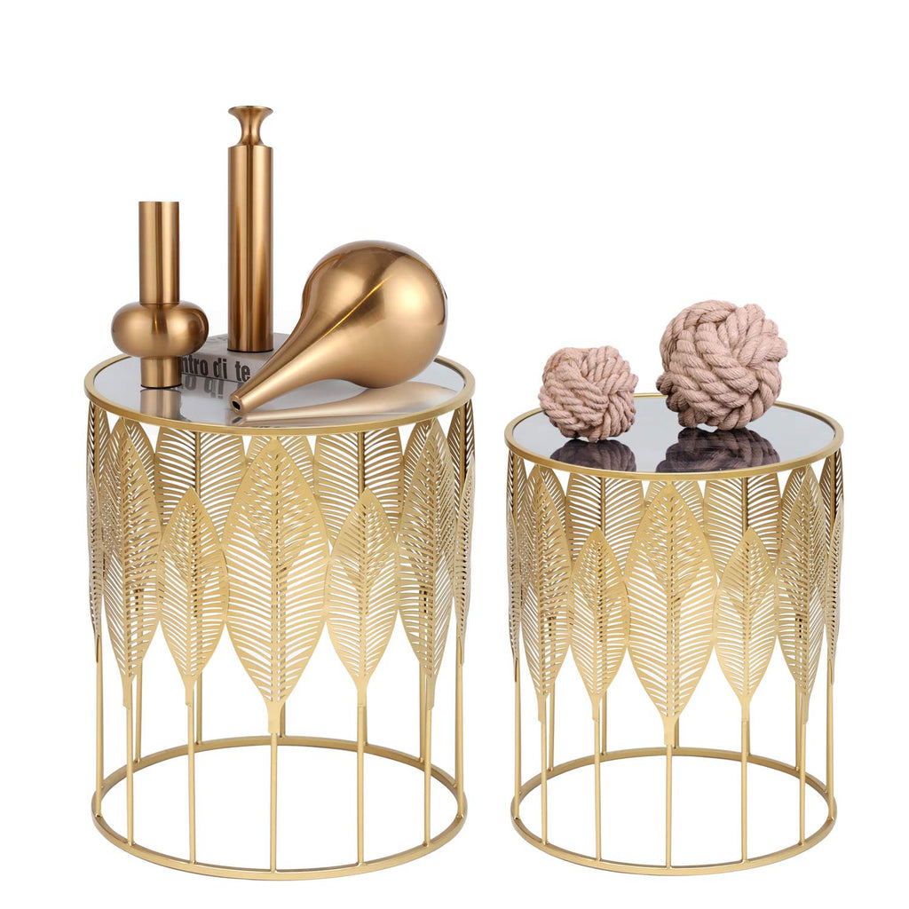 Joveco End Tables Set of 2- Gold Round Coffee Tables Leaves Nightstands Stools- Accent Nesting Side Tables for Living Room Bedroom and Entryway