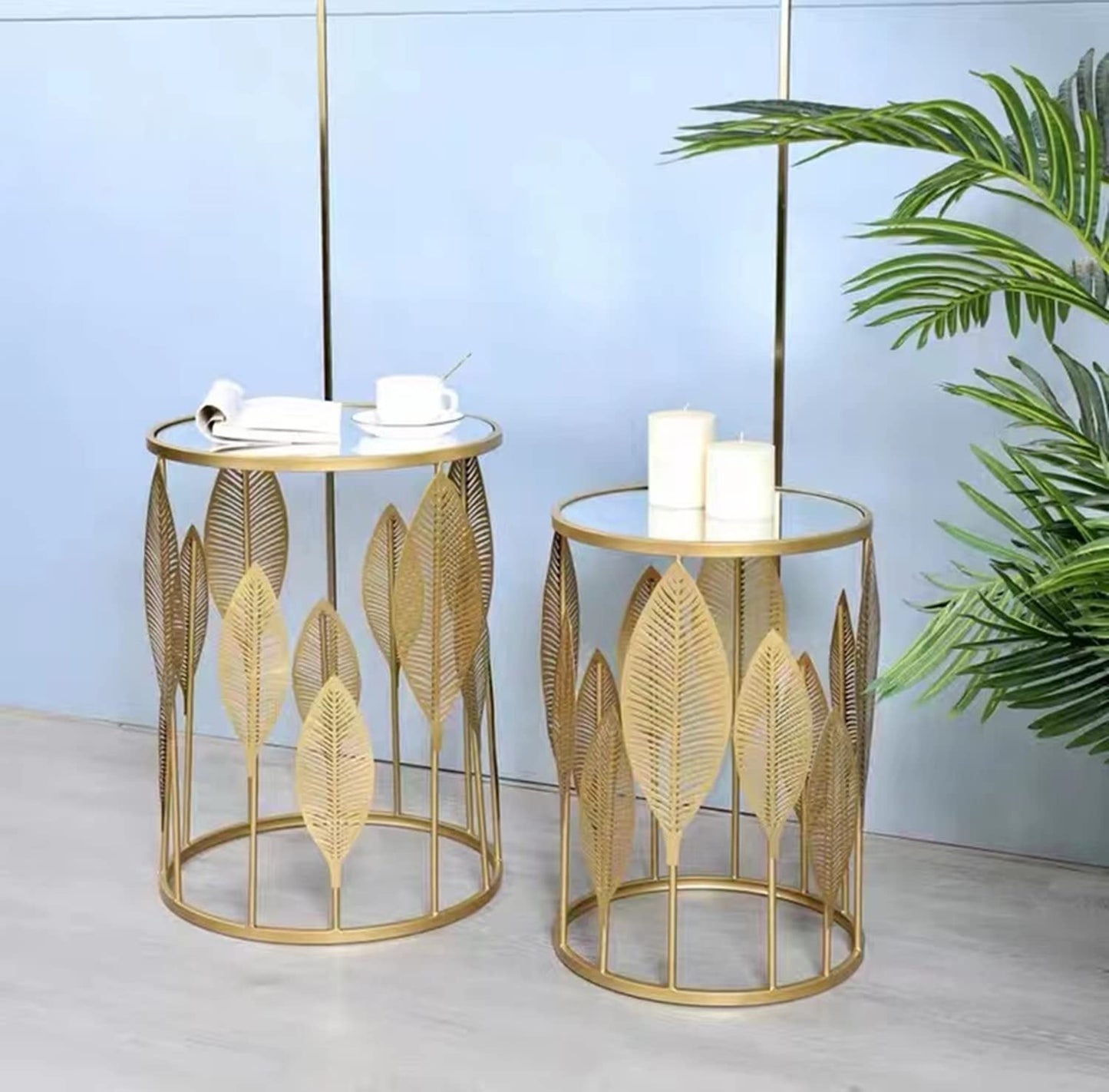 Joveco End Tables Set of 2- Gold Round Coffee Tables Leaves Nightstands Stools- Accent Nesting Side Tables for Living Room Bedroom and Entryway
