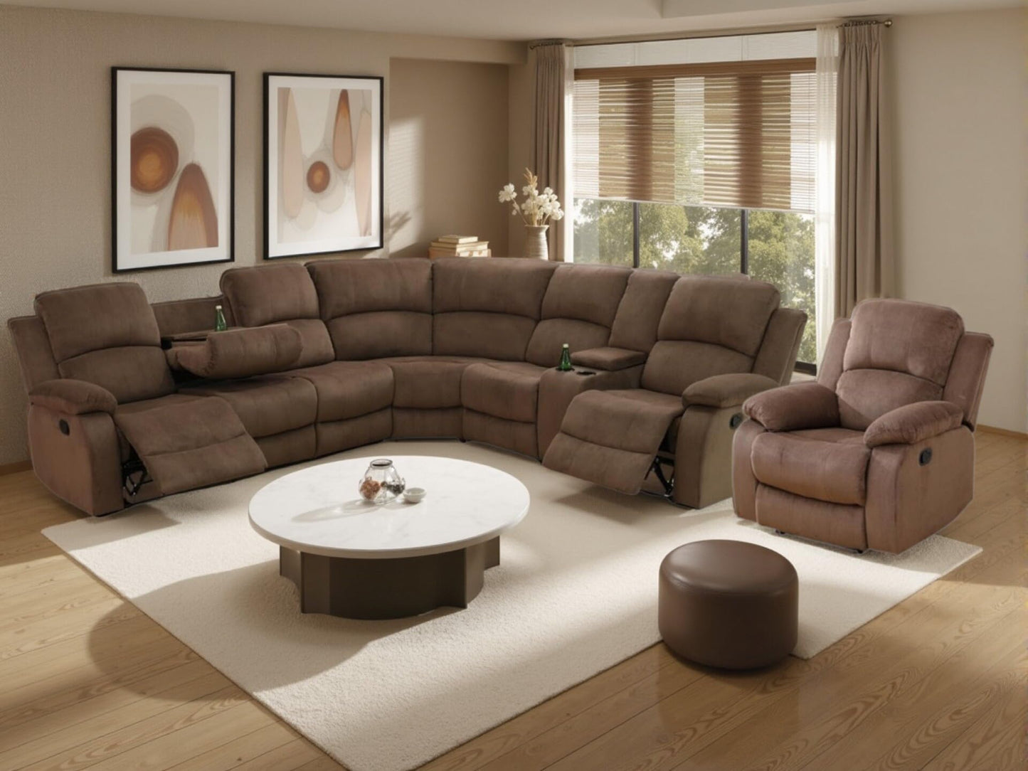 Manual Reclining Sofa Set with Drop-Down Table, Corduroy Sofa Sets, Living Room Furniture Sets, Modern Manual Recliner Sofa Sets with Storage Console for Living Room (Brown, Sectional+Chair)