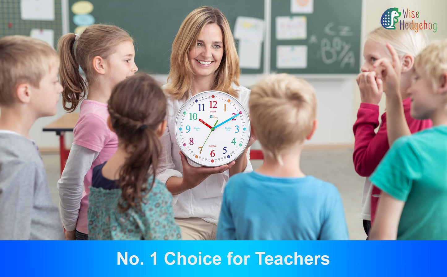 WISE HEDGEHOG Telling Time Teaching Clock, 10 inch Silent Non Ticking, Battery Operated, Analog Learning Clock for Kids, Perfect Wall & Kids Room Decor & School Classrooms