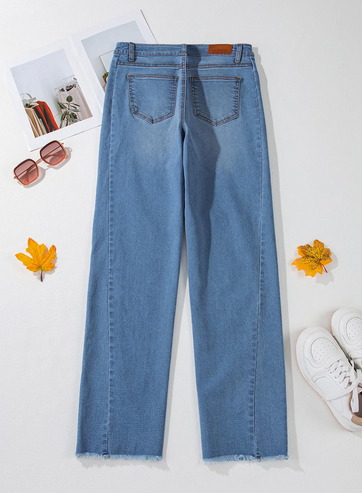 Sidefeel Women's Wide Leg Jeans High Waisted Stretchy Raw Hem Denim Pants Size 12 Blue