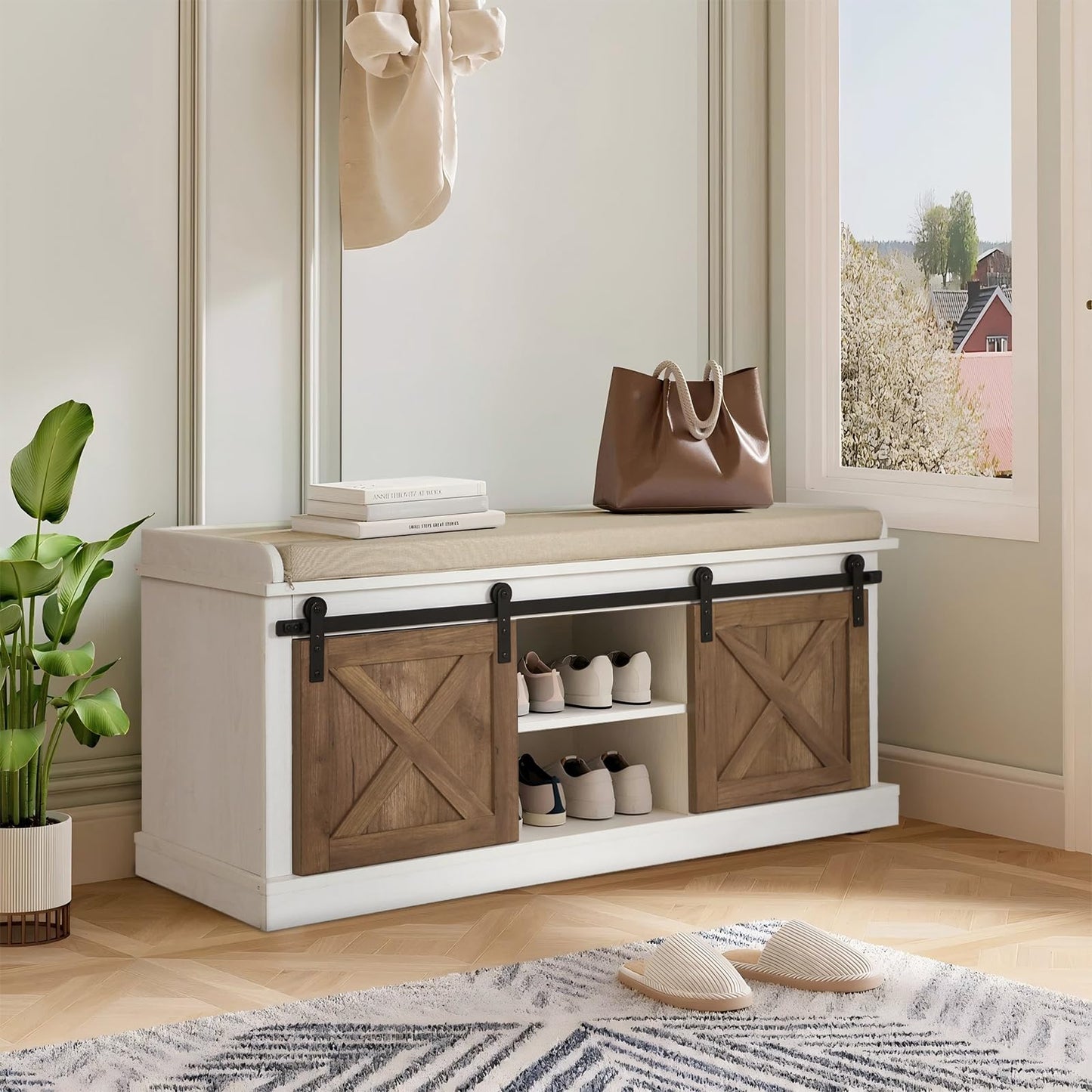 GORZING 2-Tier Shoe Storage Bench,43" Wooden Shoe Cabinet with Sliding Doors,Length Shoe Bench with Adjustable Shelves,Storage Bench for Entryway,Hallway,Bedroom