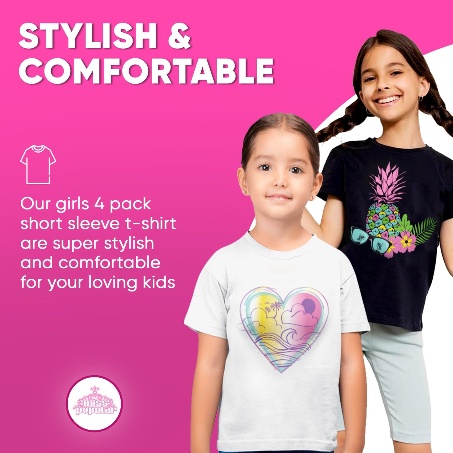 MISS POPULAR Girls 4-Pack Super Soft Short Sleeve T-Shirts Rainbow Butterfly Glitter Print Cute Design| Sizes 7-16