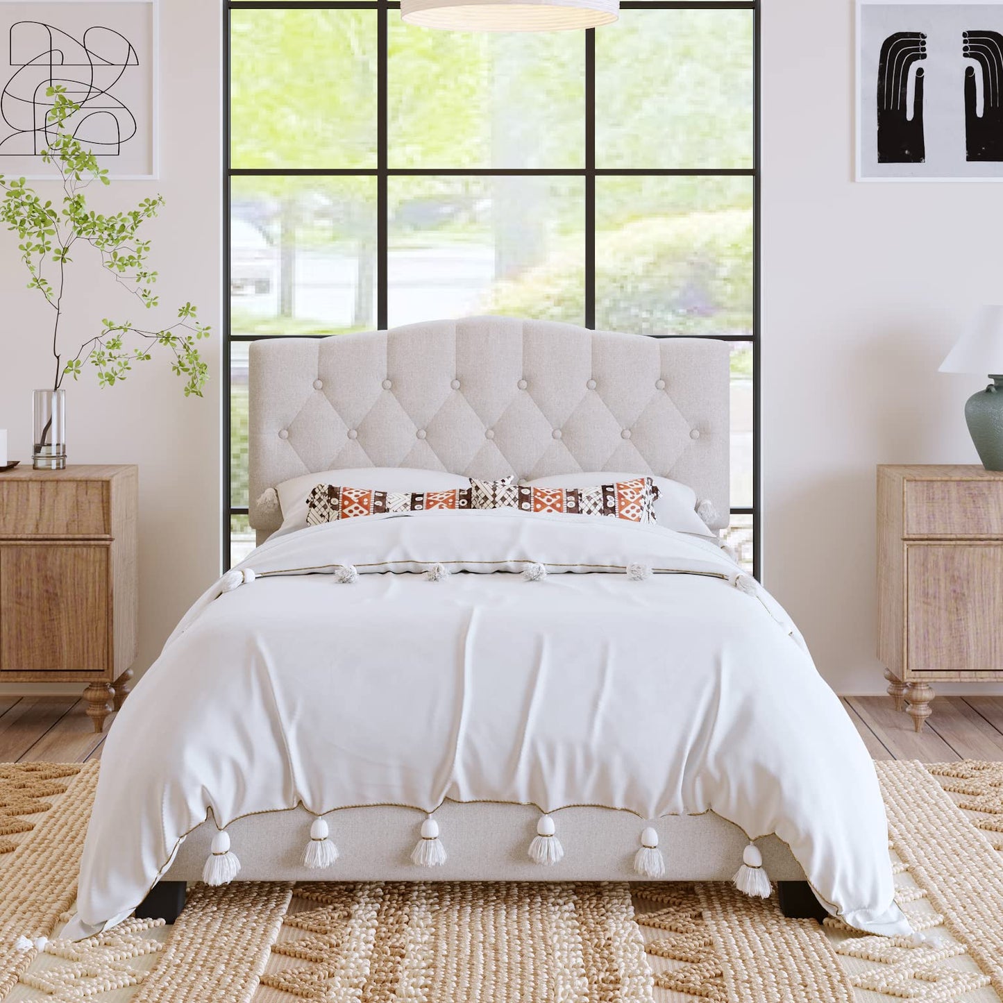 Harper & Bright Designs Full Size Upholstered Platform Bed Frame with Adjustable Headboard and Button Tufted, Wooden Slats and Metal Support, No Box Spring Needed,Beige