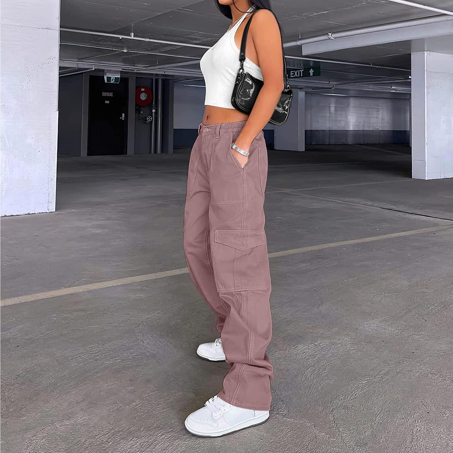 Lepunuo Cargo Pants for Women High Waisted Casual Pants Baggy Stretchy Wide Leg Y2K Streetwear with 6 Pockets Purple Gray
