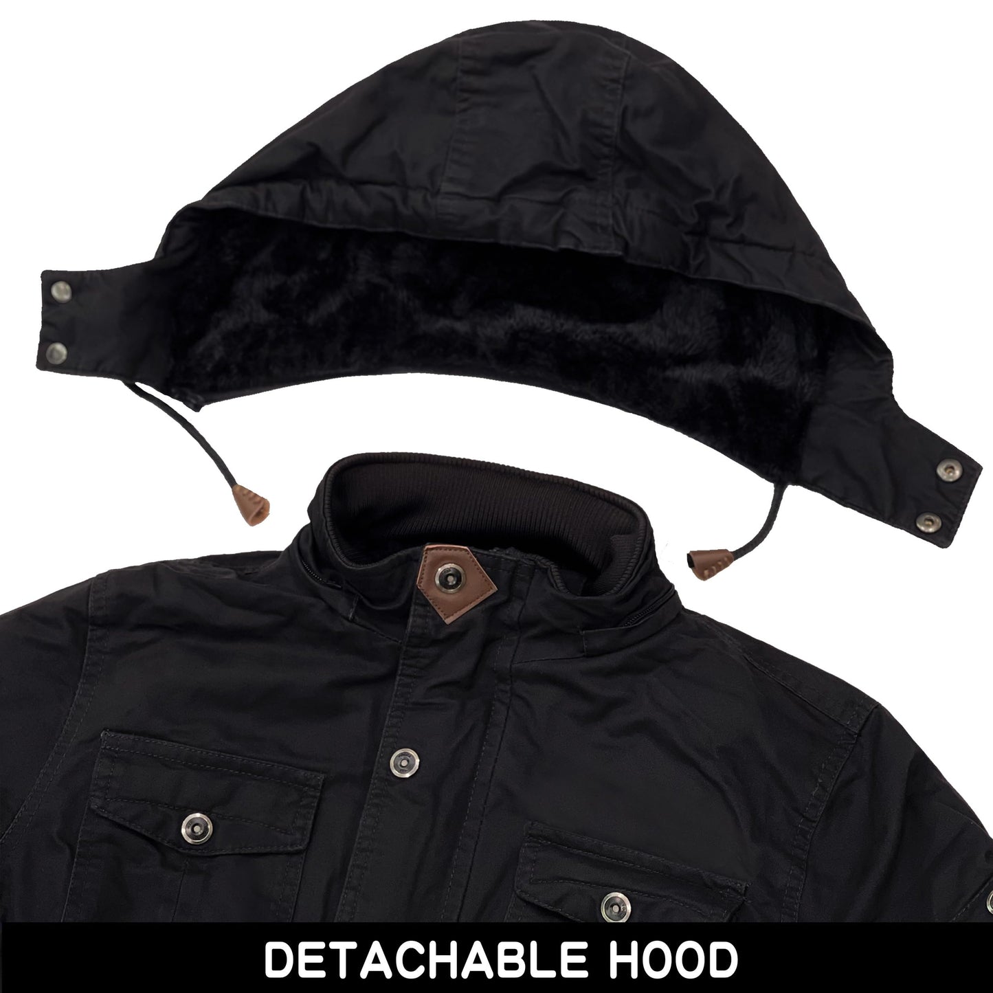 CHEXPEL Men's Thick Winter Jackets with Hood Fleece Lining Cotton Military Jackets Work Coats with Cargo Pockets Black S