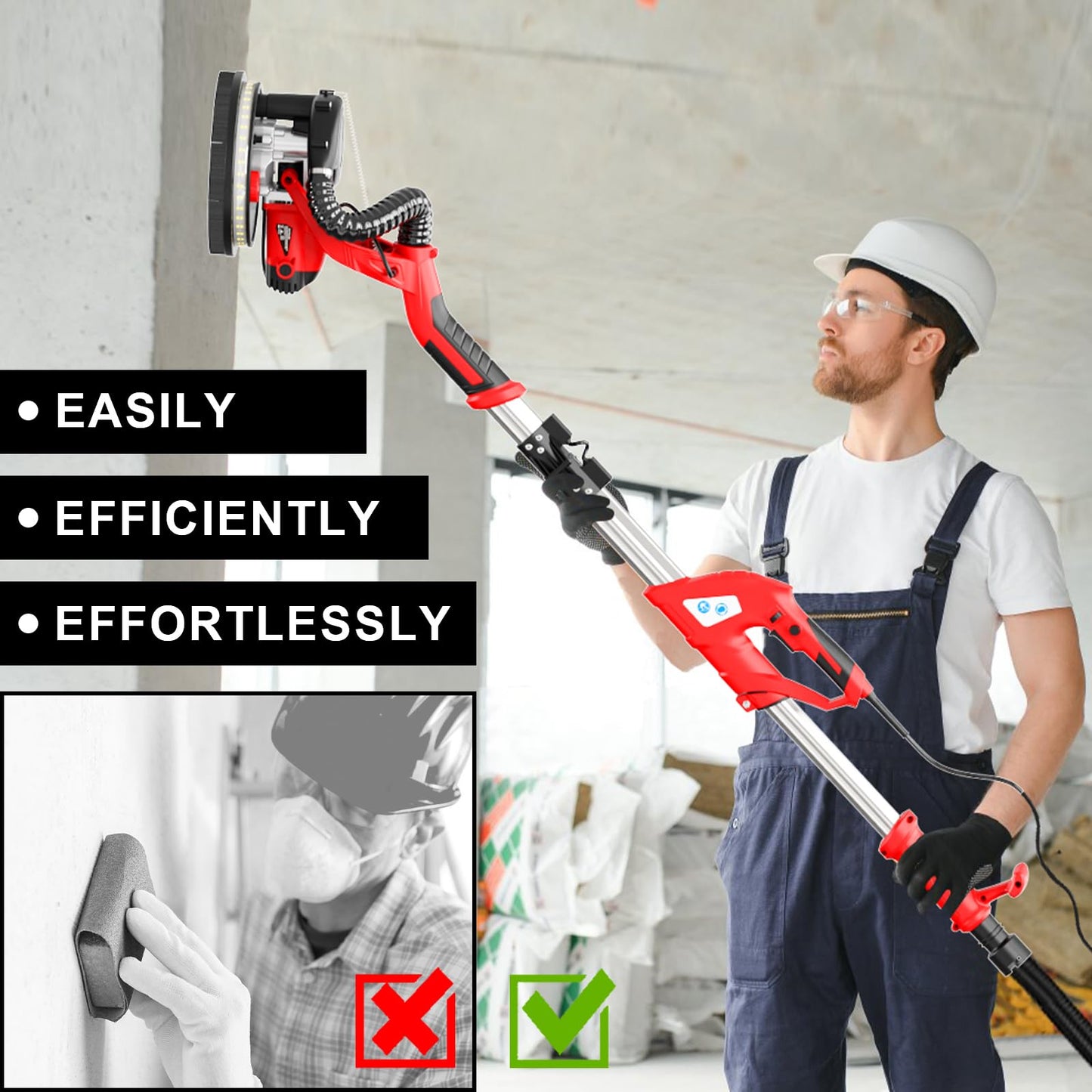 Drywall Sander with Vacuum Attachment, IMQUALI 750W Electric Sander Tool with Extendable Handle, Popcorn Ceiling Removal Tool with 7 Variable Speed 800-1750RPM, LED Light, 12pcs Sanding Discs, I01R