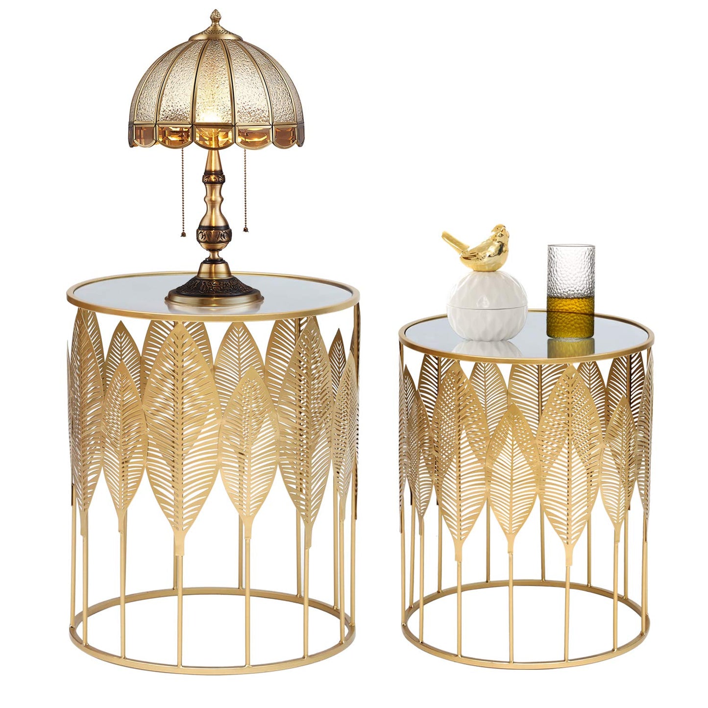 Joveco End Tables Set of 2- Gold Round Coffee Tables Leaves Nightstands Stools- Accent Nesting Side Tables for Living Room Bedroom and Entryway