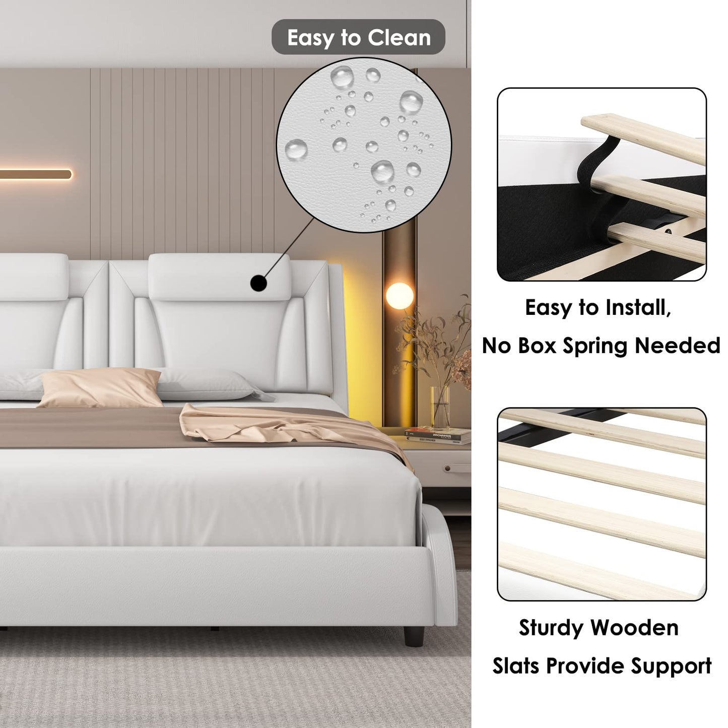 Keyluv Upholstered Platform Bed Frame with Adjustable LED Headboard, Pu Leather, Wave-Like Curve Design and Solid Wooden Slats Support, No Box Spring Needed, Noise Free, Modern, Queen, White