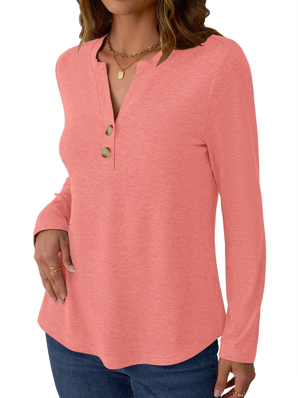 GKBK Womens Long Sleeve Tops Fall Clothing V Neck Casual Shirts Button Dressy Trendy Blouses Loose Fit Tunic Coral