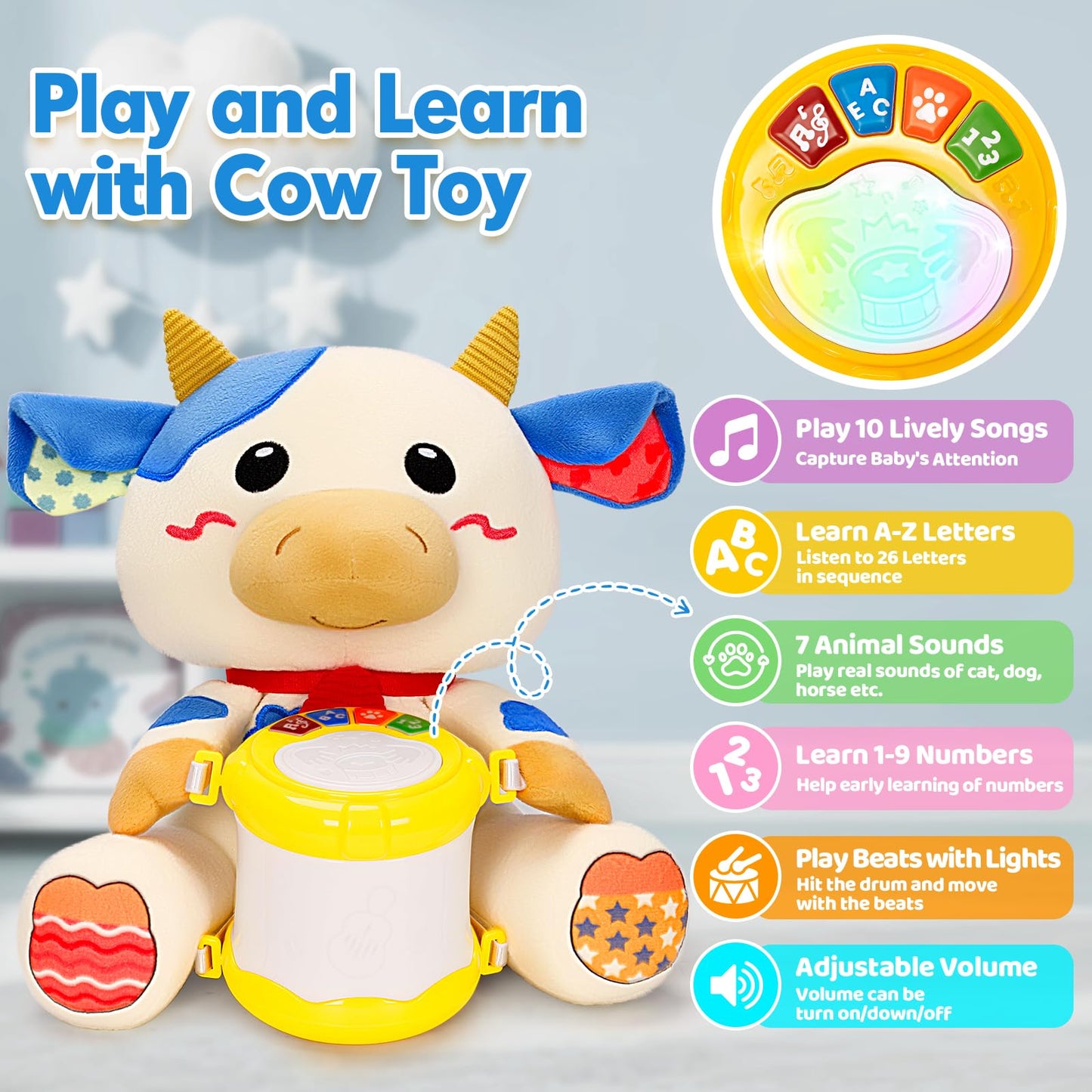 V-Opitos Stuffed Cow Musical Toys for Baby 6-12 Months+, Early Learning Light up Music Drum, Perfect Christmas Birthday Gifts for Boy & Girl Age 1, 2 Years Old