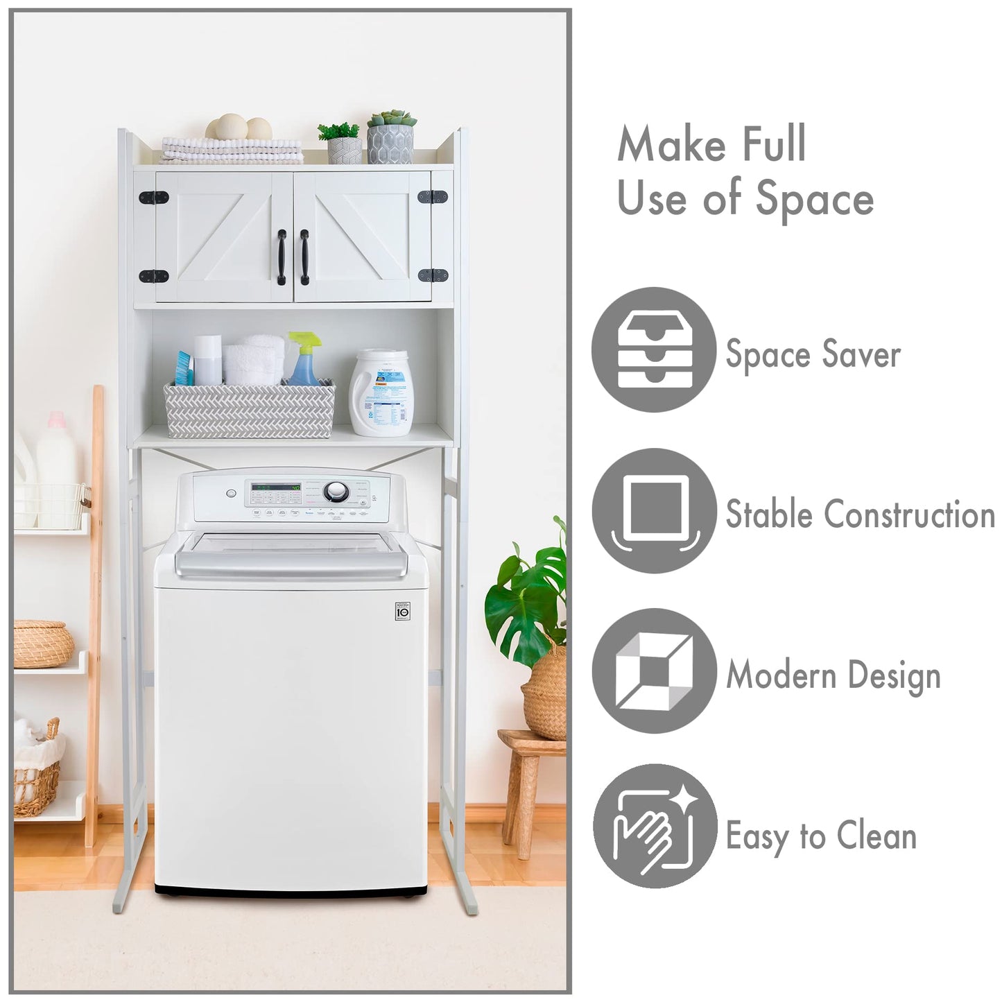 Stephan Roberts Washer or Over The Toilet Storage Cabinet w/Height Adjustable Shelf Laundry Room/Bathroom Organizer, 2-Door Freestanding Rack Space Saver, White