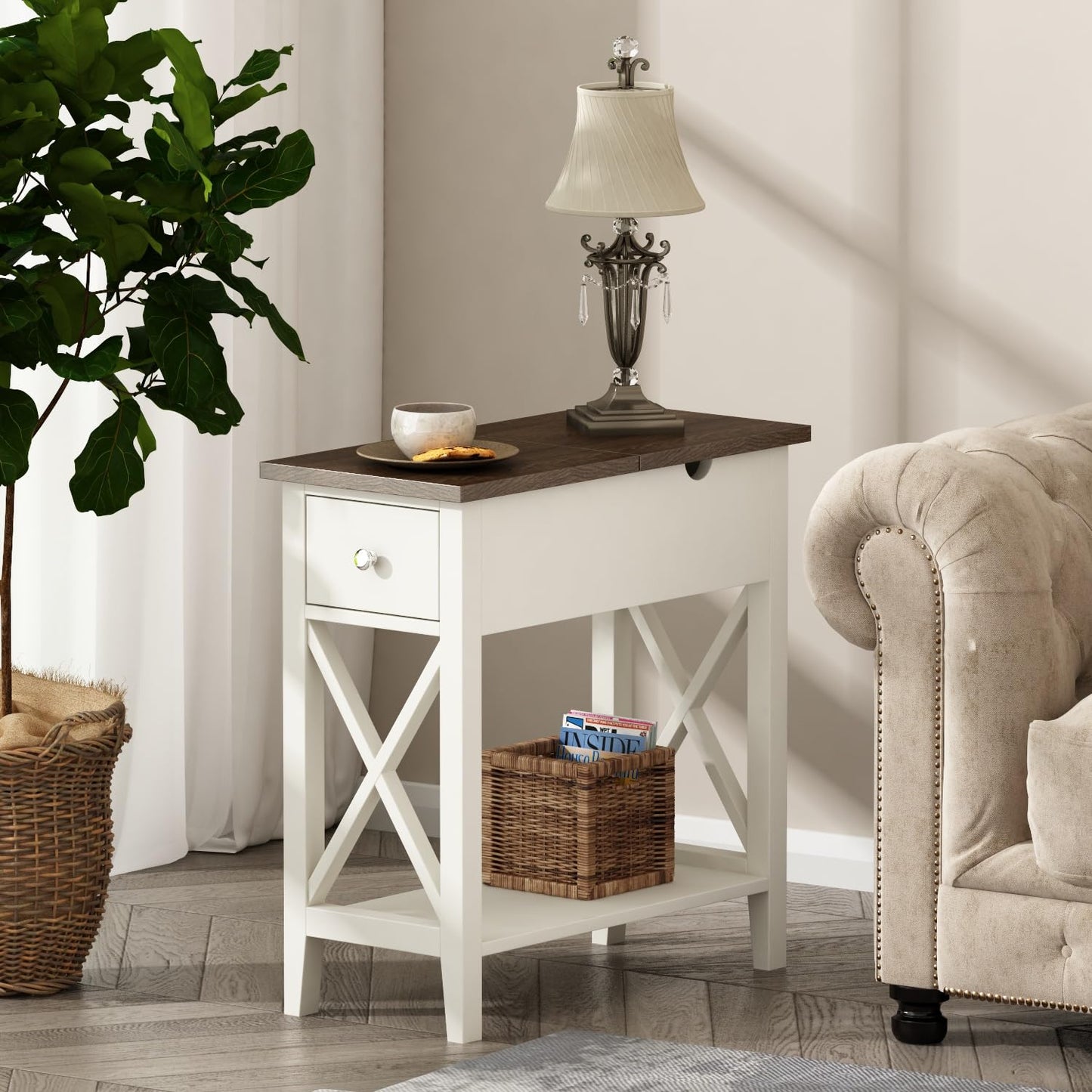 ChooChoo Farmhouse End Table with Drawer, Accent Small Side Table Nightstand for Living Room, Bedroom, and Small Spaces - Soft White