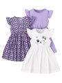 VARMILO Girls Dresses Little Kid Girls Dress 3-Pack Summer Casual Party Print Skater Dress Sundress Size 6 Years White/Purple