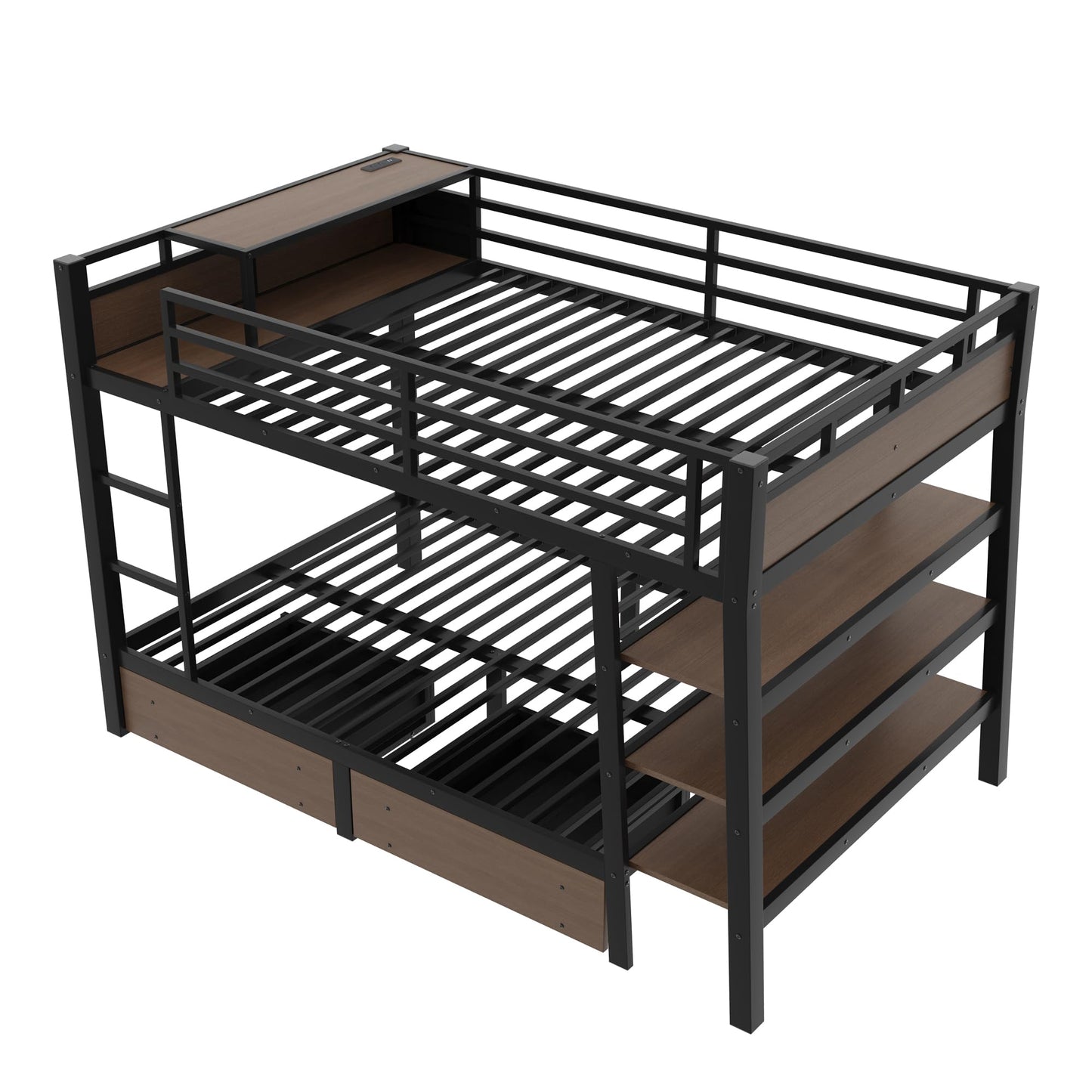 Bellemave Full Size Bunk Bed with Storage Drawers and 3-Tier Shelves, Full Bunk Bed with Charging Station and Lights, Heavy Duty Metal Bunk Beds for Teen, Adults