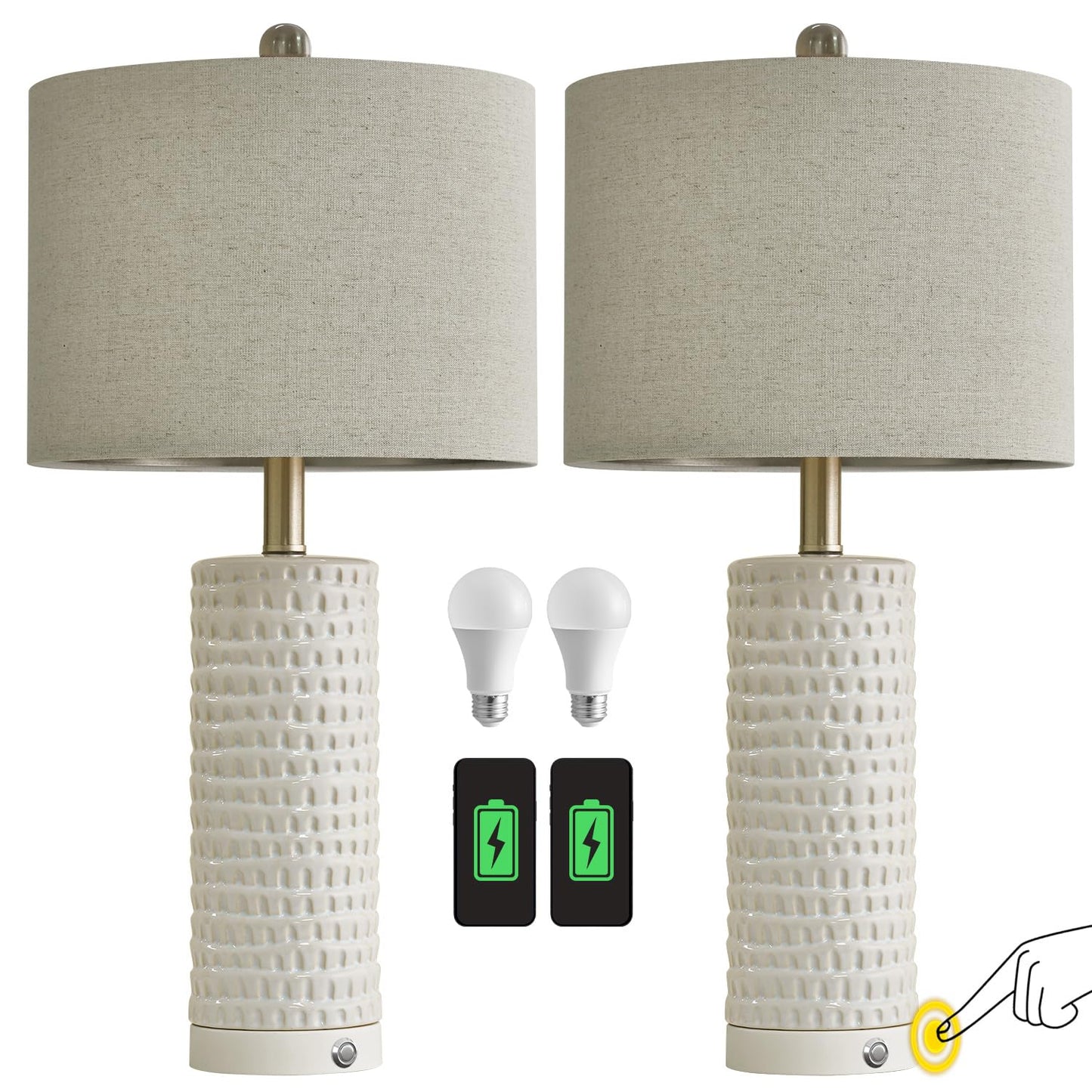 PORTRES 24" Farmhouse 3-Way Dimmable Touch Ceramic Table Lamp Set of 2 for Bedroom White Bedside Lamps with USB A+C Charging Ports for Living Room Nightstand Lamp End Table Lamps(2 Bulbs Included)