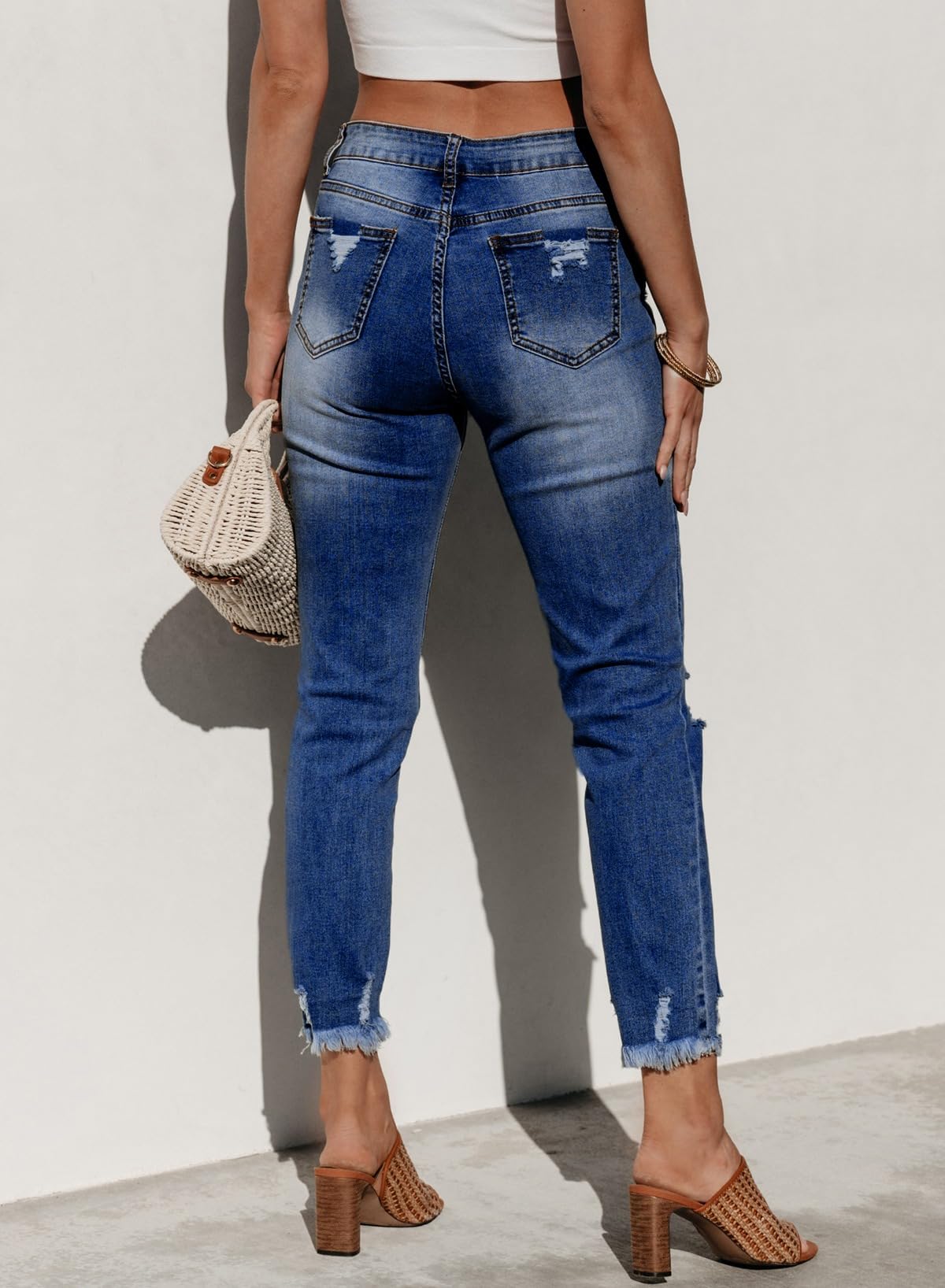 Sidefeel Women's Jeans Ripped Straight Leg Boyfriend Denim Pants Size 8 Blue
