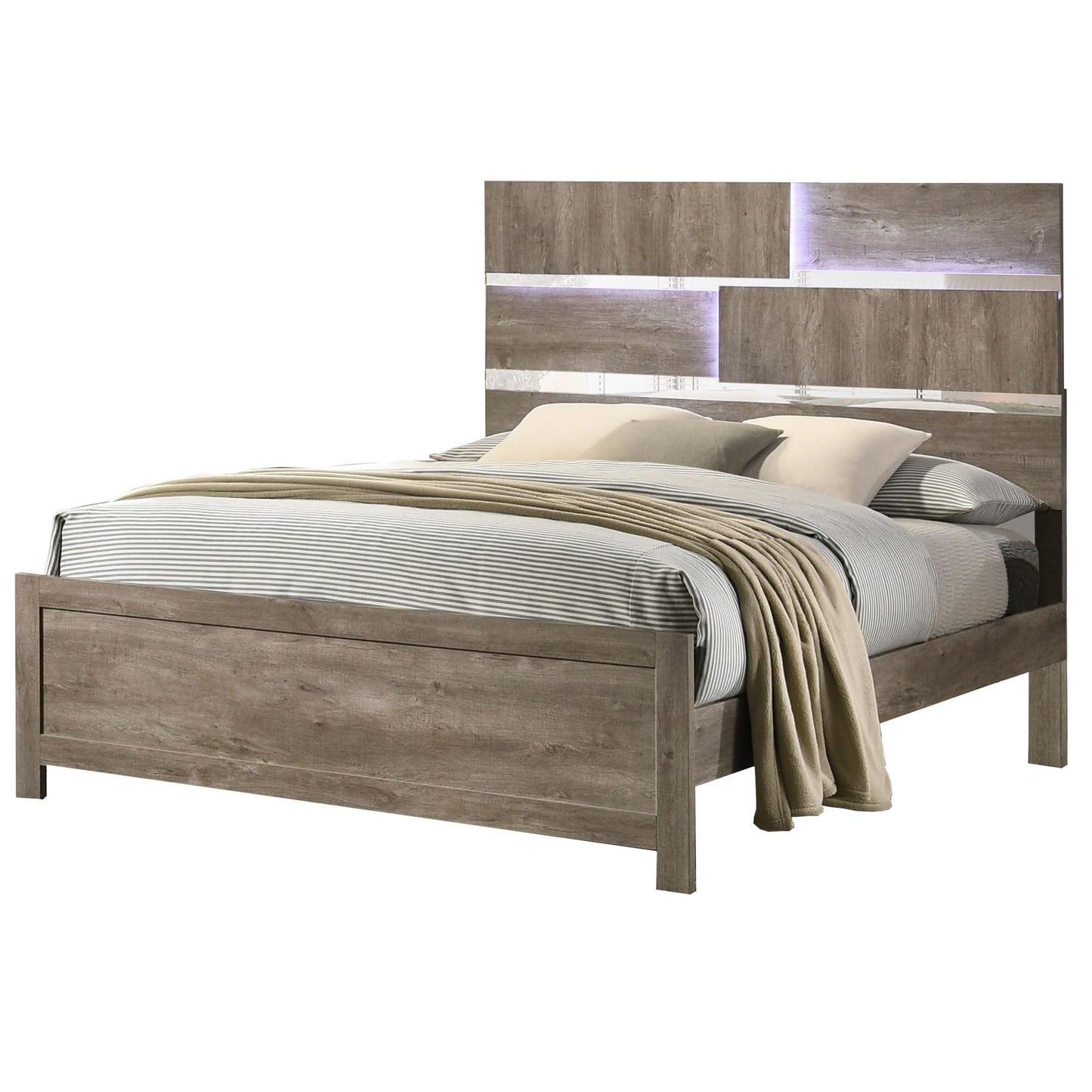 Kings Brand Furniture Dawson Modern 6-Piece King Size Farmhouse Style Bedroom Set in Light Brown Finish - Bed with LED Lights, Dresser, Mirror, Chest & 2 Nightstands