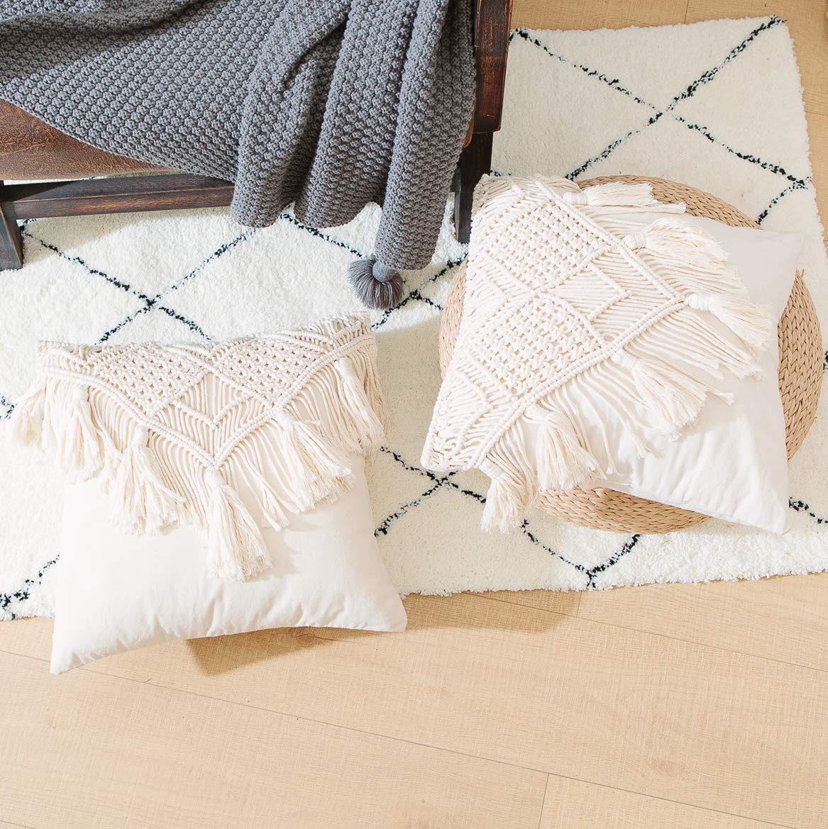 Macrame Throw Pillow Cushion Covers , Woven Boho Bed Sofa Couch Bench Car Home Decor, Comfy Square Pillow Cases with Tassels, Set of 2 Decorative Pillowcase (17X17 inch, Cream)