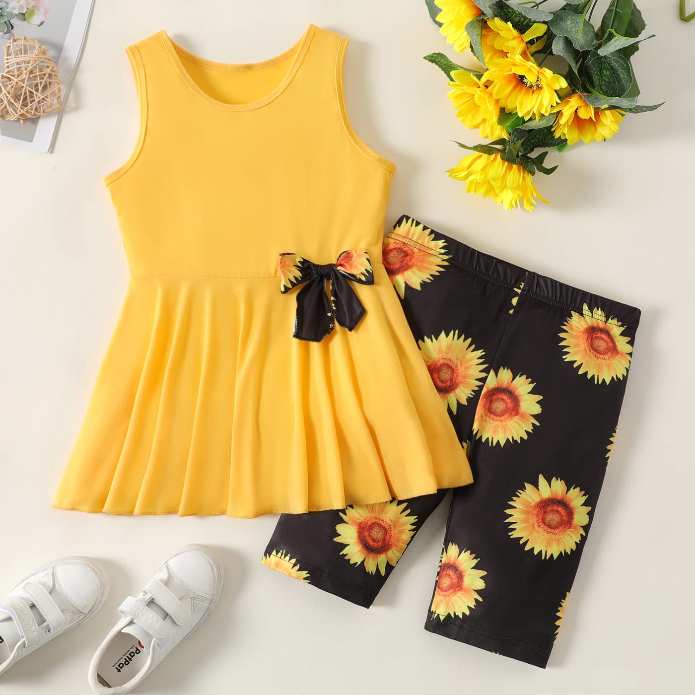 PATPAT Little Girls Clothes Yellow Sunflower Pleated Hem Design Sleeveless Dress Top and Allover Floral Print Short Set Girls Outfits 3T 4T