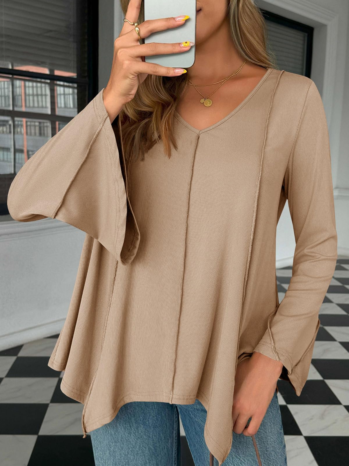 Tankaneo Womens Long Bell Sleeve Tops V Neck Asymmetrical Hem Ribbed Shirts Flowy Trendy Loose Fit Tees Tunic Shirts Khaki