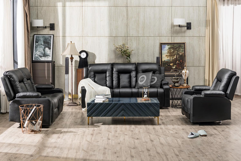 COMHOMA Recline Chair Set，Furniture 3PC Bonded Leather Recliner Set Living Room Set, Sofa, Recline Chair with massger(Black,Living Room Set 3)