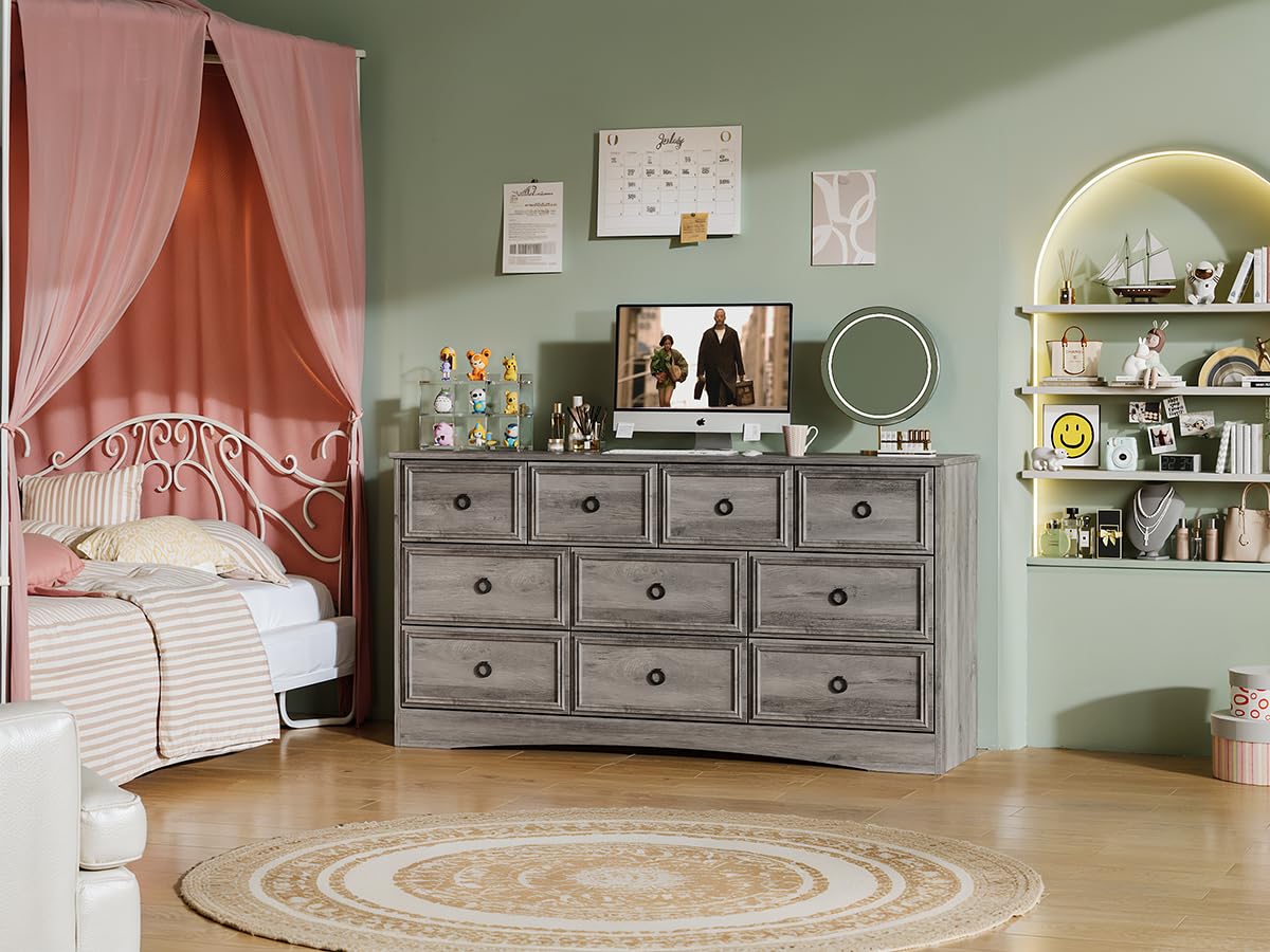 LGHM Dressers for Bedroom with 10 Drawers,Modern Long 10 Drawer Dresser with Textured Borders, Chest of Drawers Closet Organizers and Storage Clothes - 6" Deep Drawer for Bedroom, Living Room, Gray