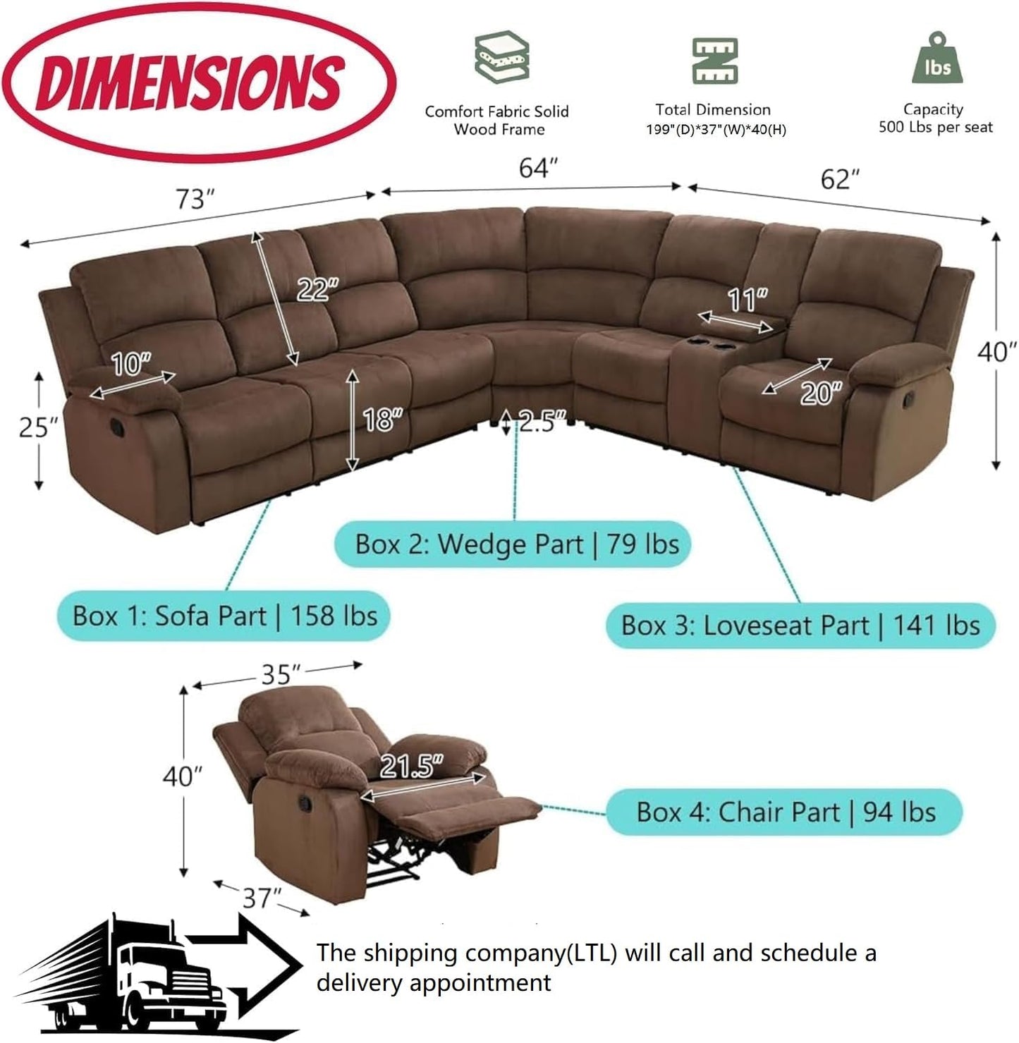 Manual Reclining Sofa Set with Drop-Down Table, Corduroy Sofa Sets, Living Room Furniture Sets, Modern Manual Recliner Sofa Sets with Storage Console for Living Room (Brown, Sectional+Chair)