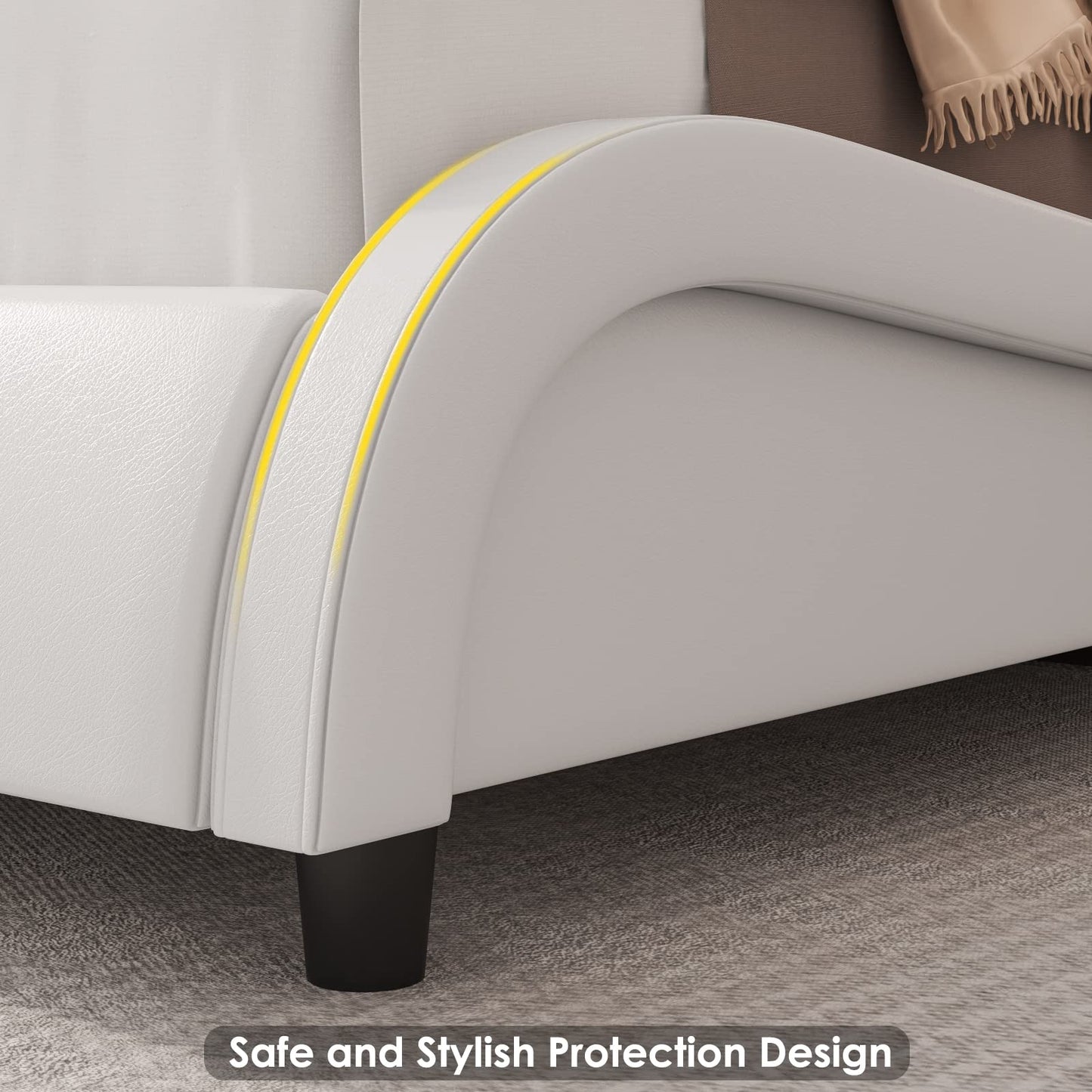 Keyluv Upholstered Platform Bed Frame with Adjustable LED Headboard, Pu Leather, Wave-Like Curve Design and Solid Wooden Slats Support, No Box Spring Needed, Noise Free, Modern, Queen, White