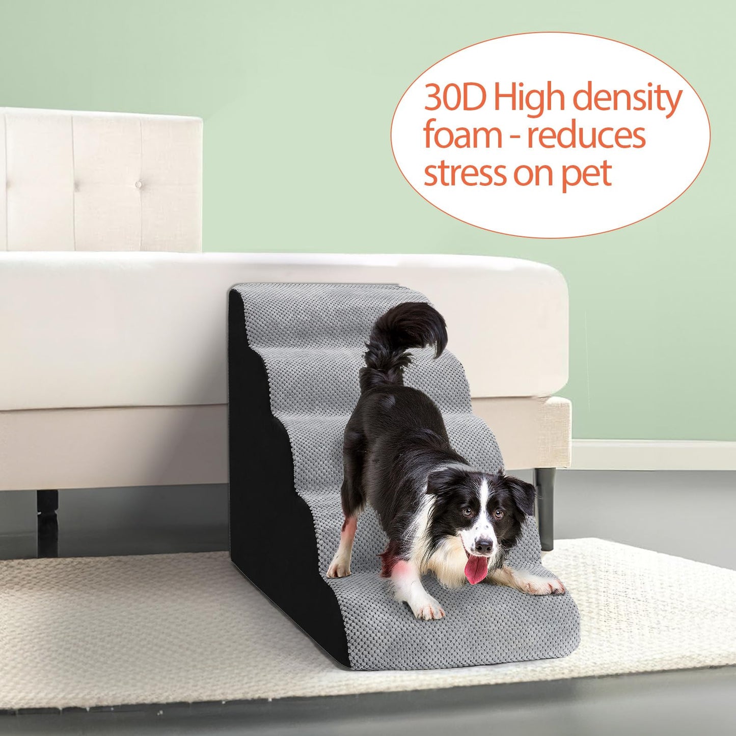 5 Steps Dog Ramp/Stairs for Beds and Couches,MOOACE Pet Stairs with High Density Expand Immediately Foam, Washable Cover and Pet Hair Remover Roller - Reduce Stress on Pet Joints Gray/Black
