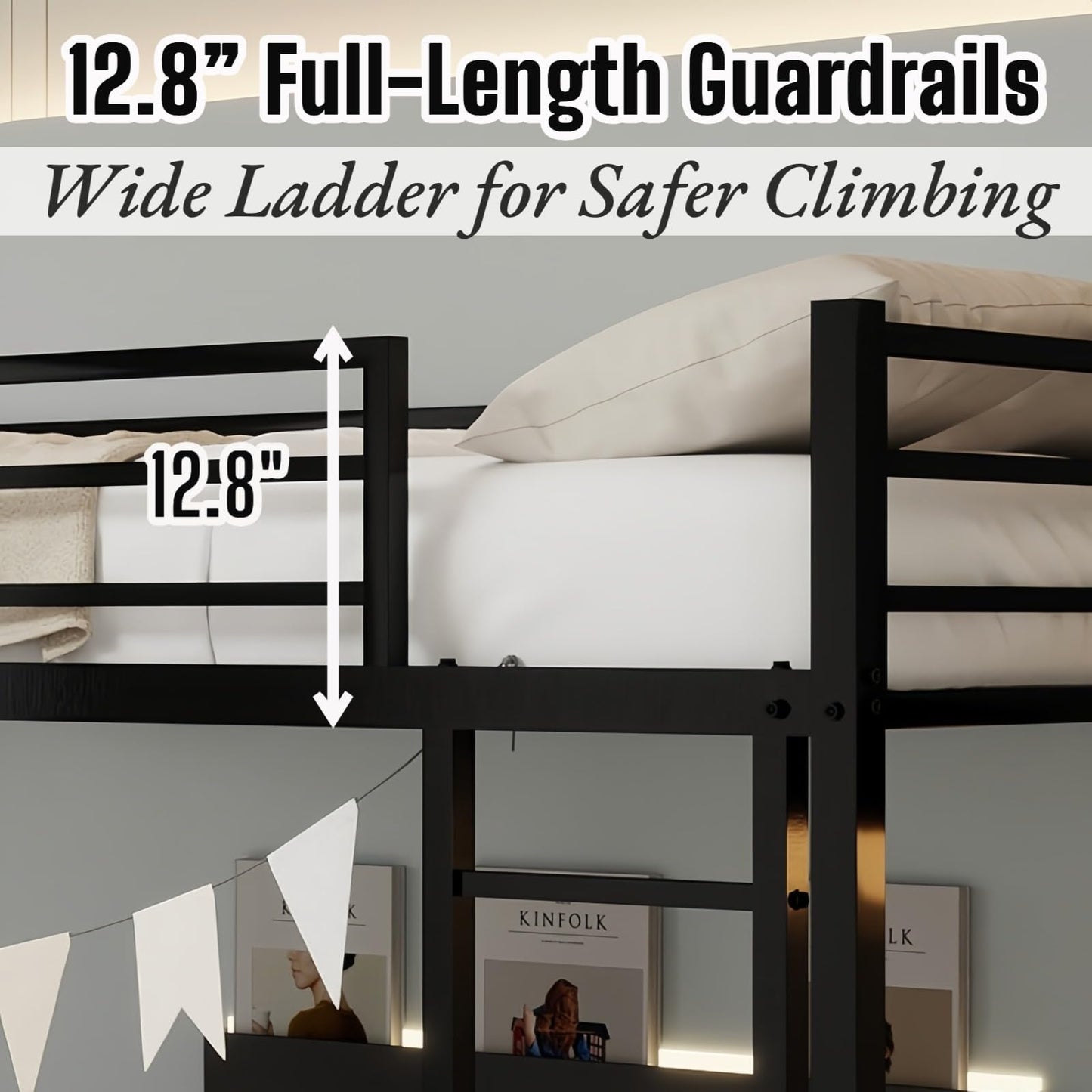Havora Heavy-Duty Metal Twin Over Twin Bunk Bed Frame, Low 53.9” Quiet Steel Design for Kids & Teens, 400 lbs Each Bunk with 12.8” Full-Length Guardrails, Wide Ladder, No Box Spring Needed, Black