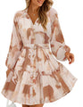 ZESICA Womens Floral Long Sleeve Mini Dress Spring Button Chiffon A Line Swing Short Wedding Guest Holiday Party Dresses Brown Large
