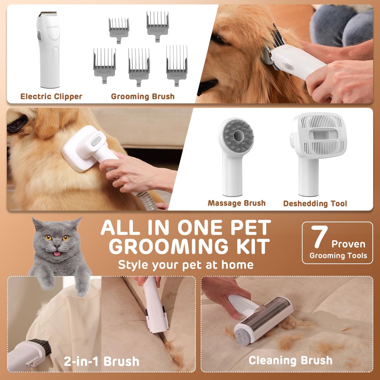 HEAPETS Dog Grooming Vacuum Kit, 3L Pet Grooming Vacuum with 7 Pet Grooming Tools, Dog Vacuum for Shedding Grooming at Home with Low Noise Electric Clipper and Brush, White