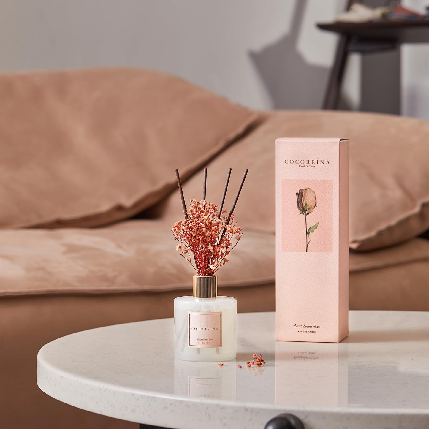 Cocorrína Premium Reed Diffuser Set with Preserved Baby's Breath & Cotton Stick Sandalwood Rose | 6.7oz Scent Fragrance Oil Diffuser for Bedroom Bathroom Home Décor