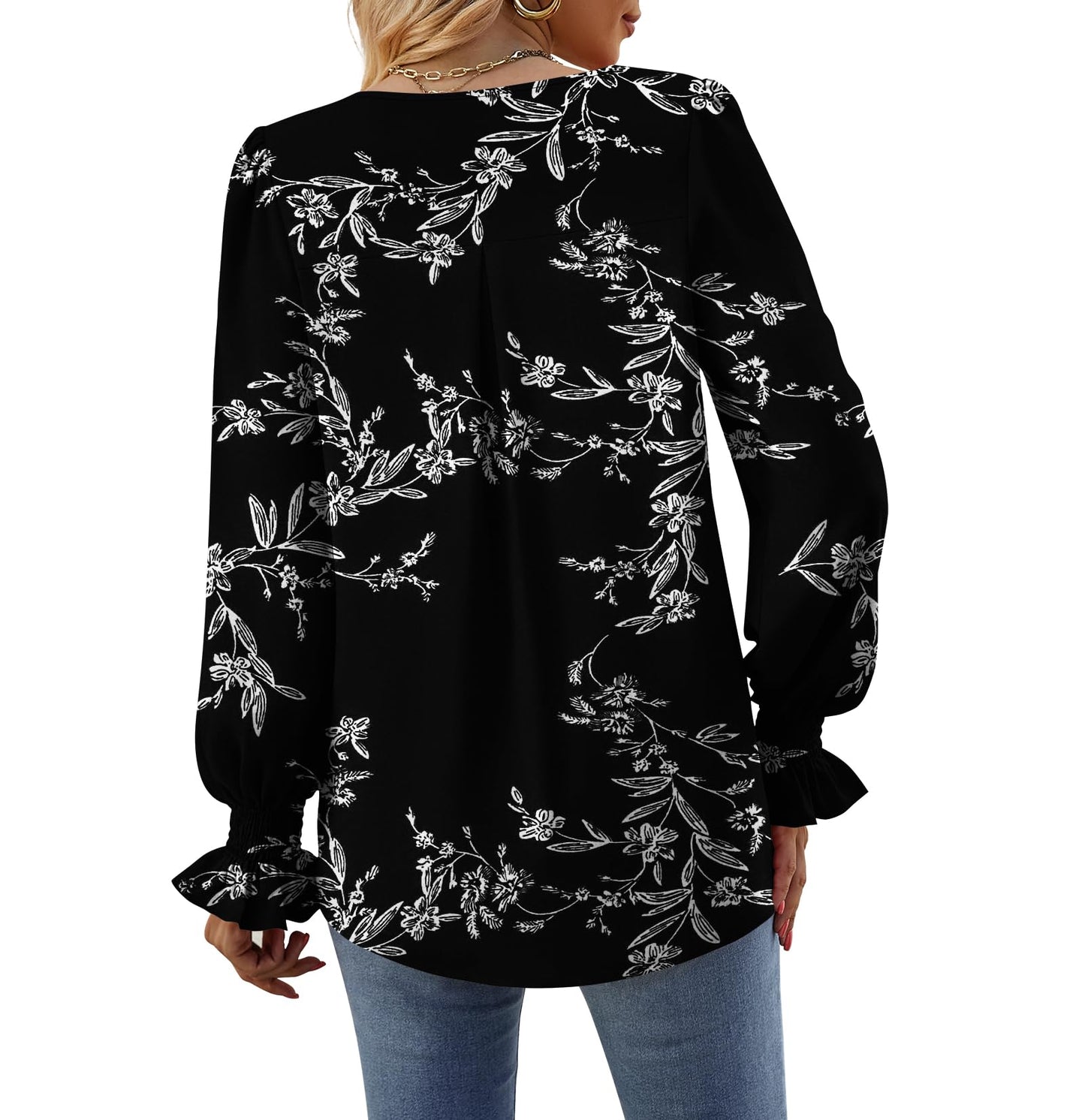 Funlingo Womens Tops Long Sleeve V Neck Shirts Chiffon Business Tunic Blouse Work Casual Clothes Black White Floral Large