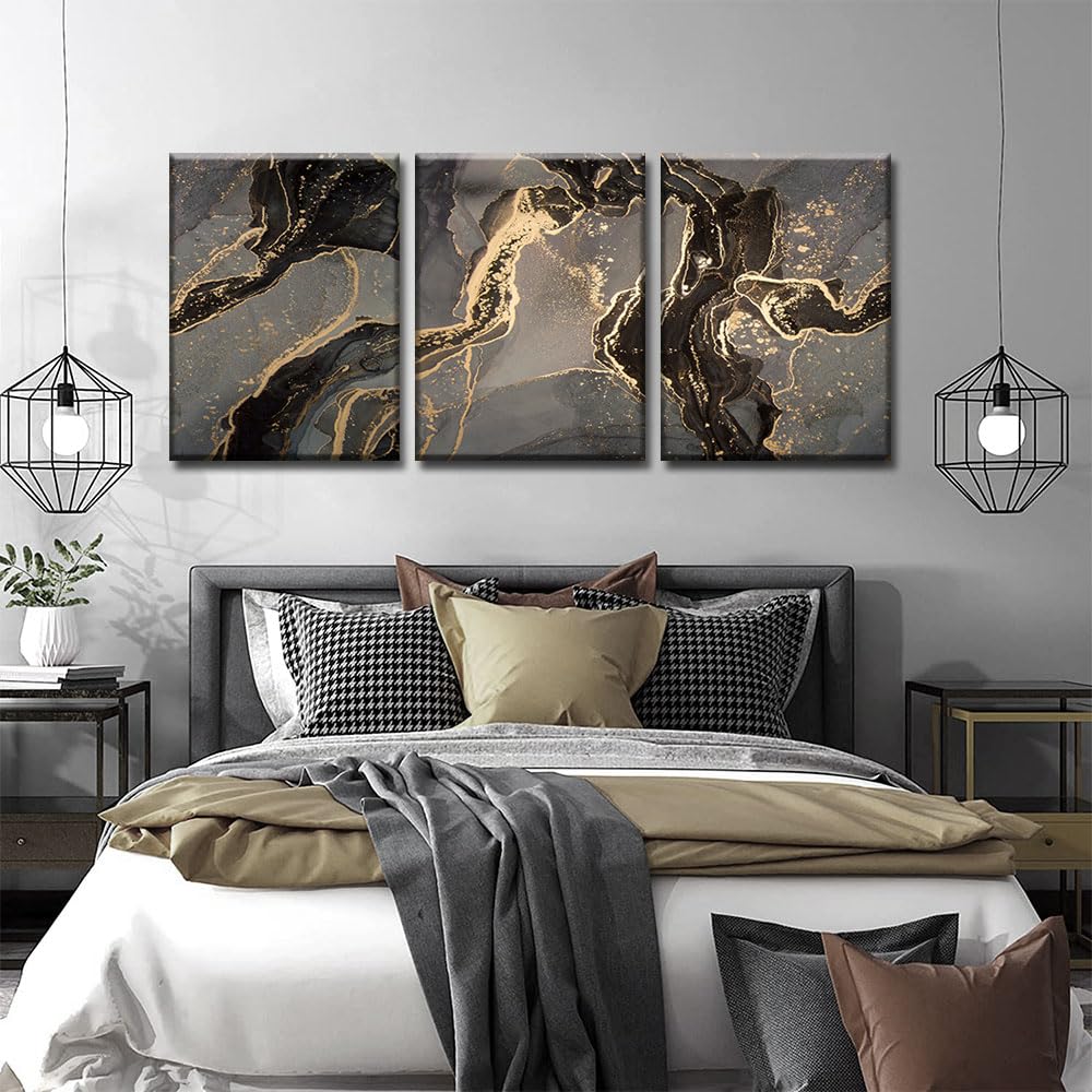 3Pcs Framed Abstract Black and Gold Canvas Wall Art Modern Marble Texture Pictures Posters Prints Artwork Abstract Gold Wall Decor for Living Room Bedroom Office bathroom Ready to Hang16x24inx3