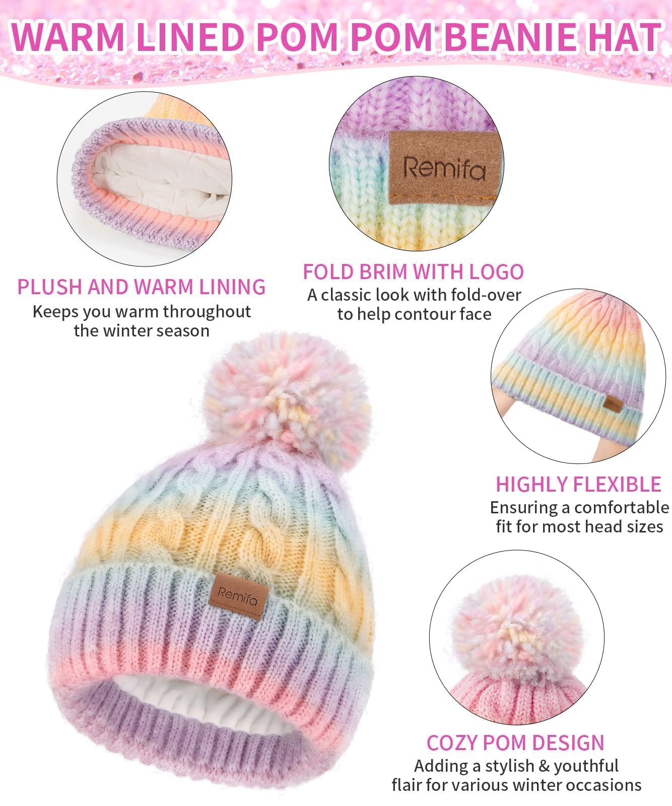 Remifa Kids Winter Hat Scarf Gloves Set, Girls Boys Toddler 8% Wool Warm Fleece Beanie Knit Neck Scarf Mittens Christmas Gift, Macaron, 3-8 Years Old