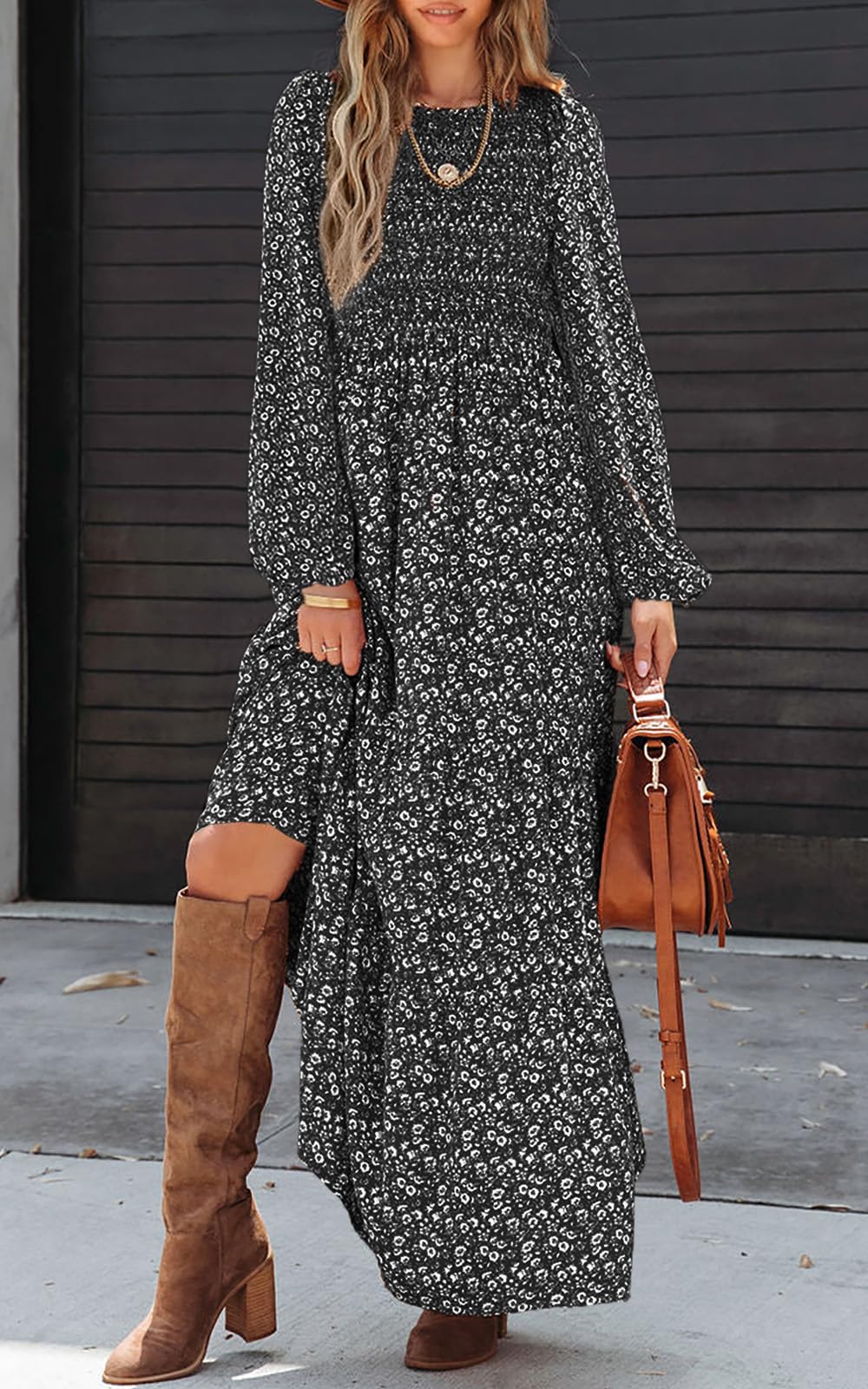 PRETTYGARDEN Women's Fall Dresses 2025 Long Sleeve Flowy Casual Floral Maxi Dress Crew Neck Smocked Tiered Long Dress (Black, Large)
