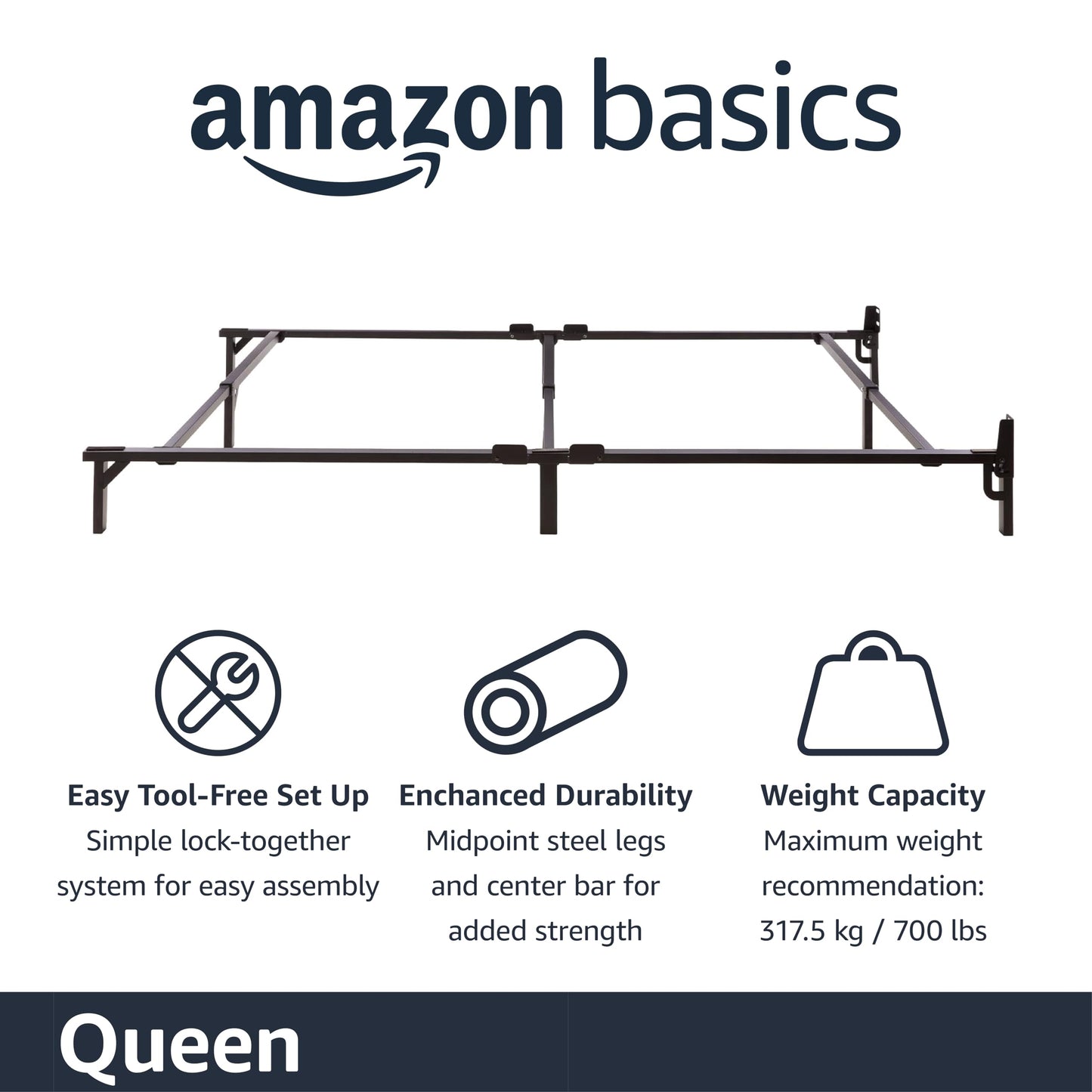 Amazon Basics Metal Bed Frame(Box Spring Required), 9-Leg Base for Box Spring and Mattress, Queen, Tool-Free Easy Assembly, 79.5" L x 59.5" W x 7" H, Black