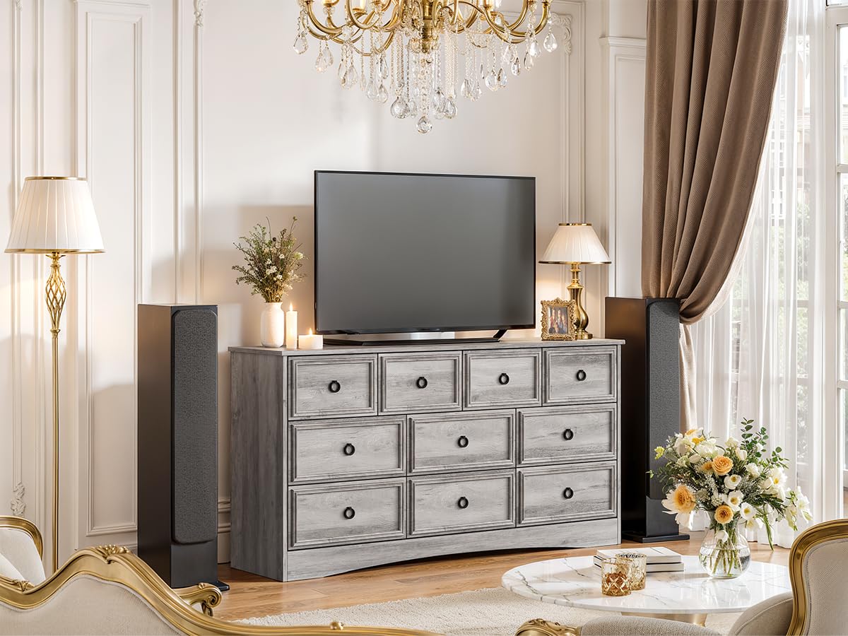 LGHM Dressers for Bedroom with 10 Drawers,Modern Long 10 Drawer Dresser with Textured Borders, Chest of Drawers Closet Organizers and Storage Clothes - 6" Deep Drawer for Bedroom, Living Room, Gray