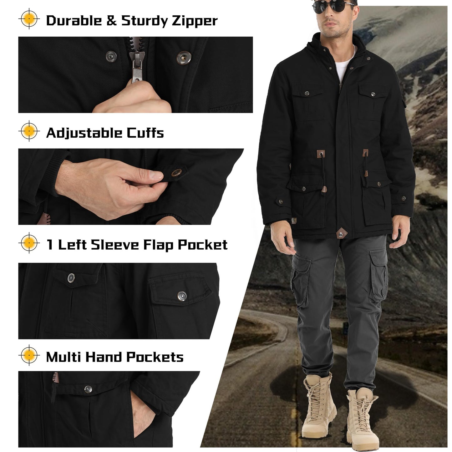 CHEXPEL Men's Thick Winter Jackets with Hood Fleece Lining Cotton Military Jackets Work Coats with Cargo Pockets Black S