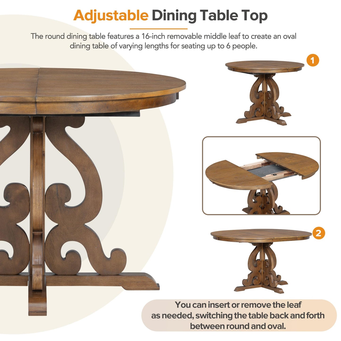 Merax Dining Table Set for 4, Extendable Round Tabletop with 16" Leaf & Upholstered Chairs, Retro Hollowed-Out Carving Design, 58" x 42", Walnut