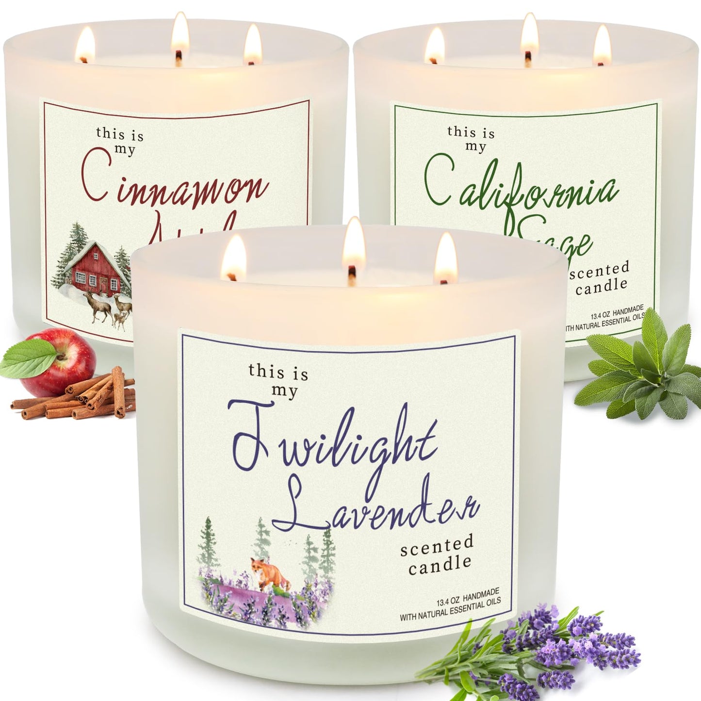 Candles for Home Scented, 3 Pack 3 Wick Large Jar Soy Candle, Bath and Body Works Candles，40.2 oz 300 Hour Long Lasting Candles,Lavender & Sage & Apple Cinnamon Aromatherapy Candle Gift Set