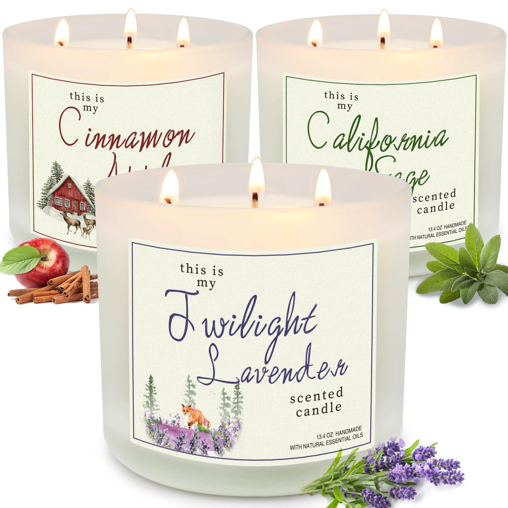 Candles for Home Scented, 3 Pack 3 Wick Large Jar Soy Candle, Bath and Body Works Candles，40.2 oz 300 Hour Long Lasting Candles,Lavender & Sage & Apple Cinnamon Aromatherapy Candle Gift Set