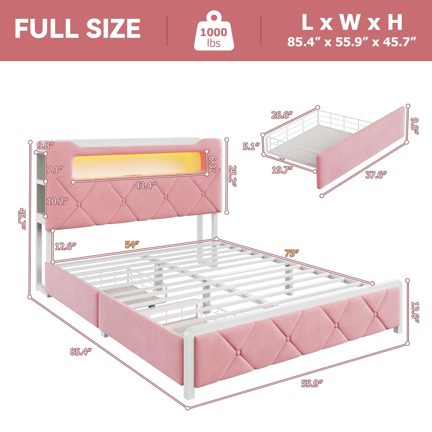 Full Upholstered LED Bed Frame with 2 Storage Drawers and 2-Tier Storage Headboard, Velvet Princess Platform Bed with Charging Station & Bookcase, Heavy Duty Metal Support, No Box Spring Needed, Pink