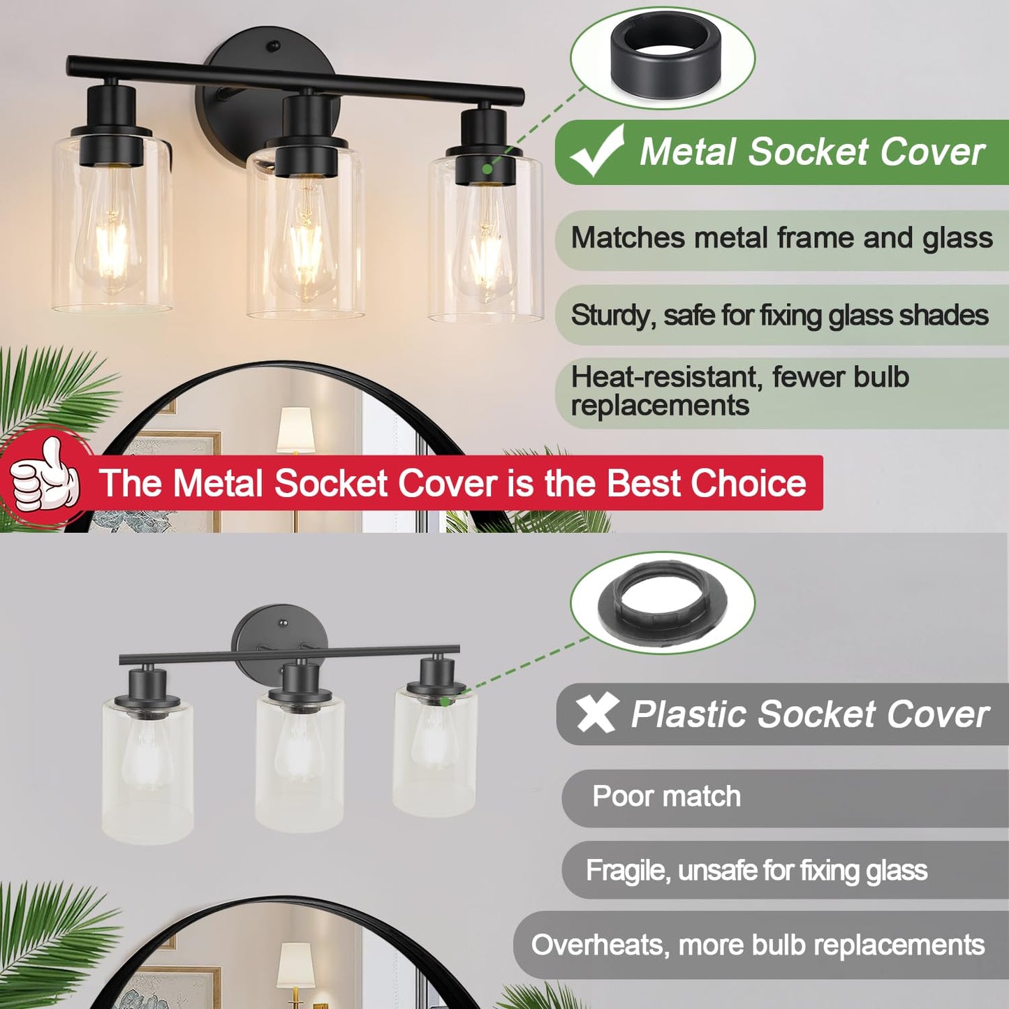 Zarbitta 3-Light Bathroom Light Fixtures, Black Modern Vanity Lights with Clear Glass Shade, Bathroom Wall Lamp for Mirror Kitchen Living Room Hallway Cabinet Porch