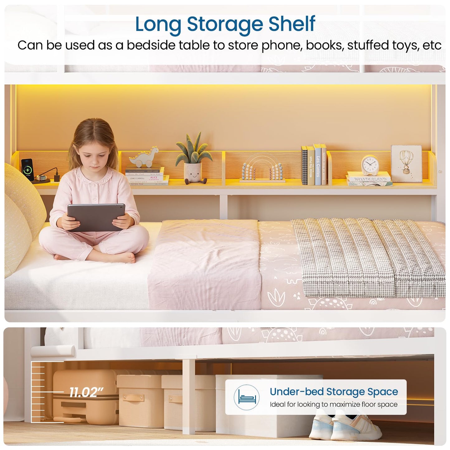 Twin Over Twin Bunk Bed with 6 Storage Drawers & 3 Boxes, Dual Side Shelves, Twin Bunk Beds for Kids with LED Lights and Charging Station, Heavy Duty Metal Bunk Bed with Safety Guardrail and Ladder