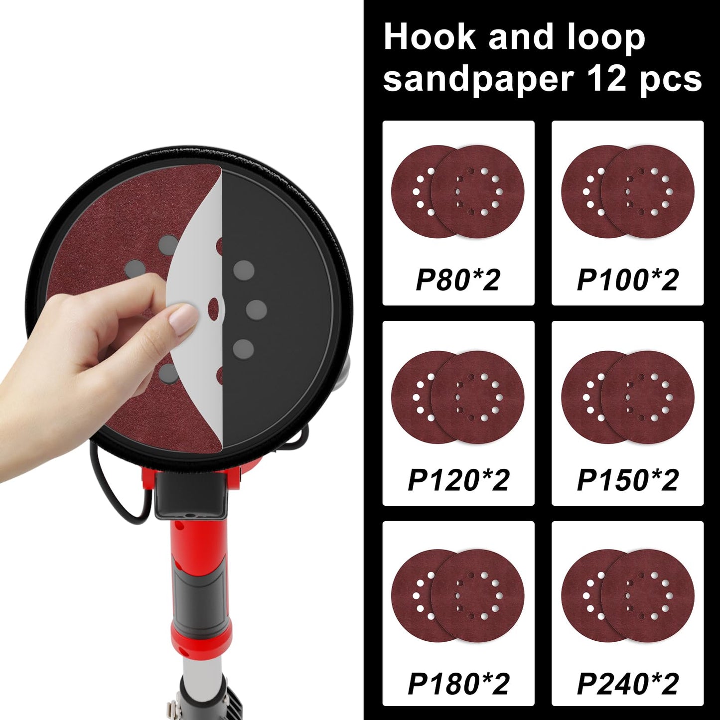 Drywall Sander with Vacuum Attachment, IMQUALI 750W Electric Sander Tool with Extendable Handle, Popcorn Ceiling Removal Tool with 7 Variable Speed 800-1750RPM, LED Light, 12pcs Sanding Discs, I01R