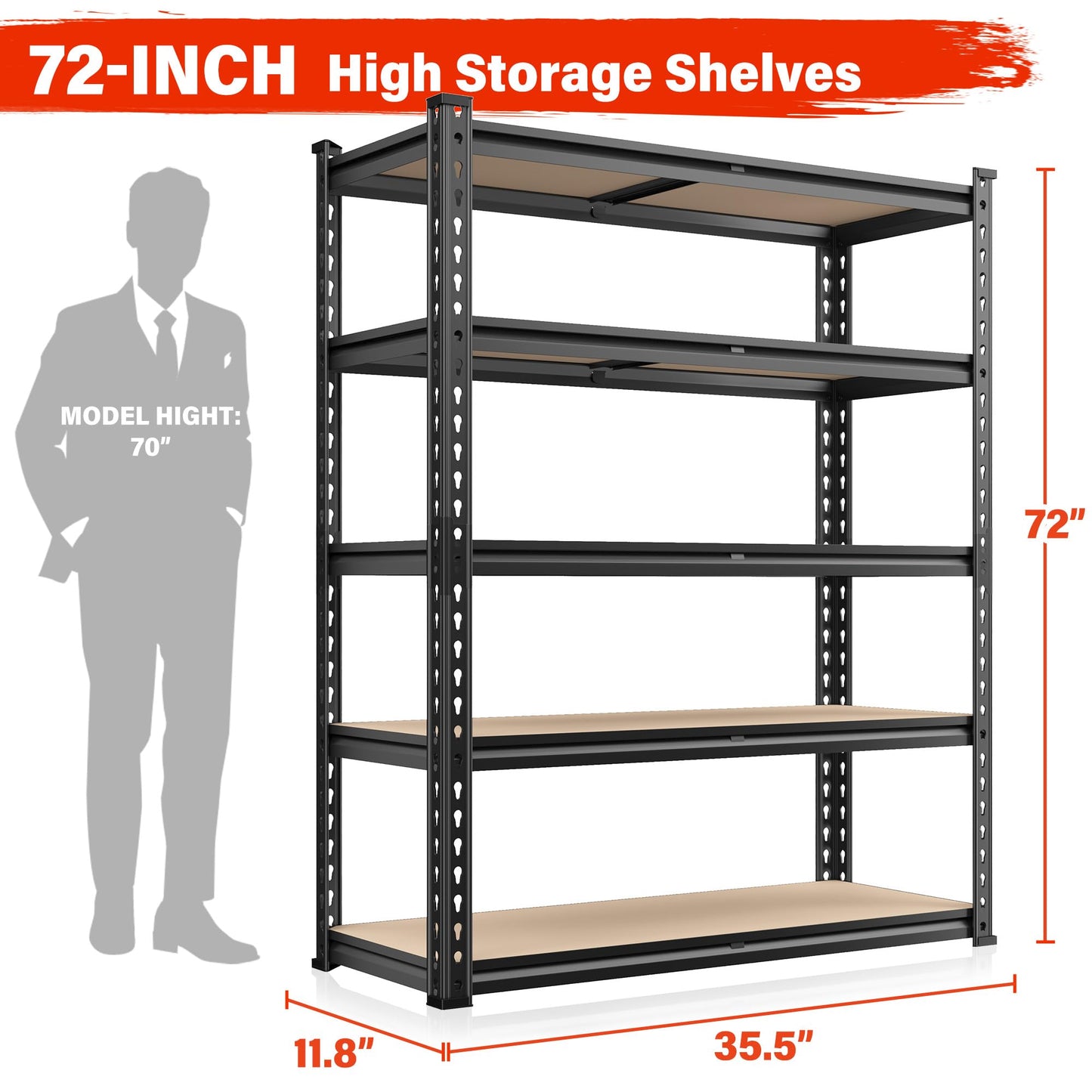 REIBII 72" Garage Shelving, Heavy Duty Storage Shelves 2000LBS, 5 Tier Metal Shelving Unit, Adjustable Garage Storage Shelves for Warehouse Pantry Basement, 72'' H X 35.5'' W X 11.8'' D, 3 Pack