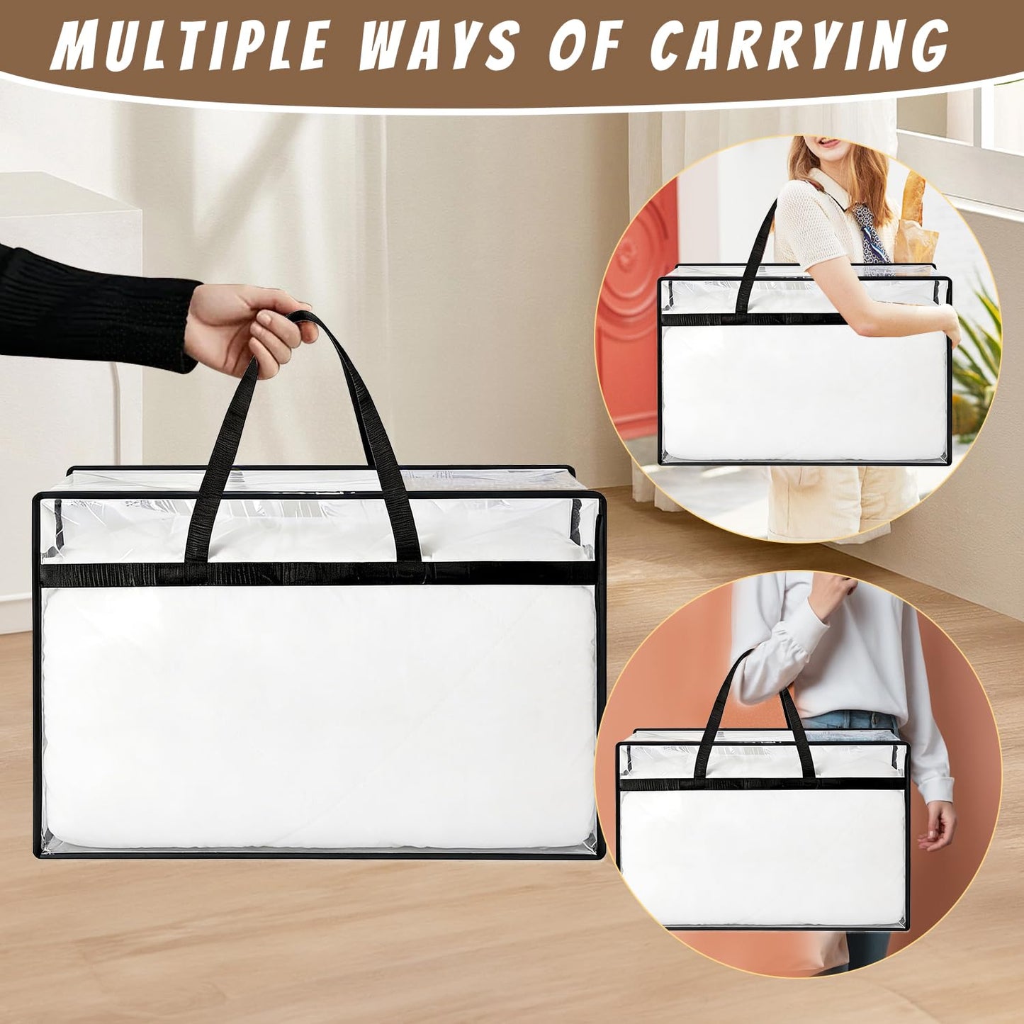 Nozefy 60L Clear Storage Bags Plastic Blanket Storage Bag Foldable Moving Organizers Containers with Zipper for Bedding Blanket Clothes Under Bed Holder - 2 Pcs